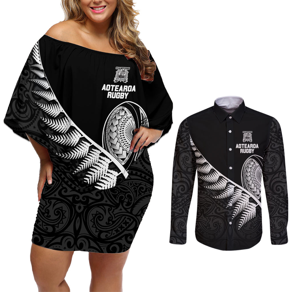 New Zealand World Cup 2023 Couples Matching Off Shoulder Short Dress and Long Sleeve Button Shirt Aotearoa Champion Rugby with Silver Fern Maori Ethnic Pattern LT03 Black - Polynesian Pride