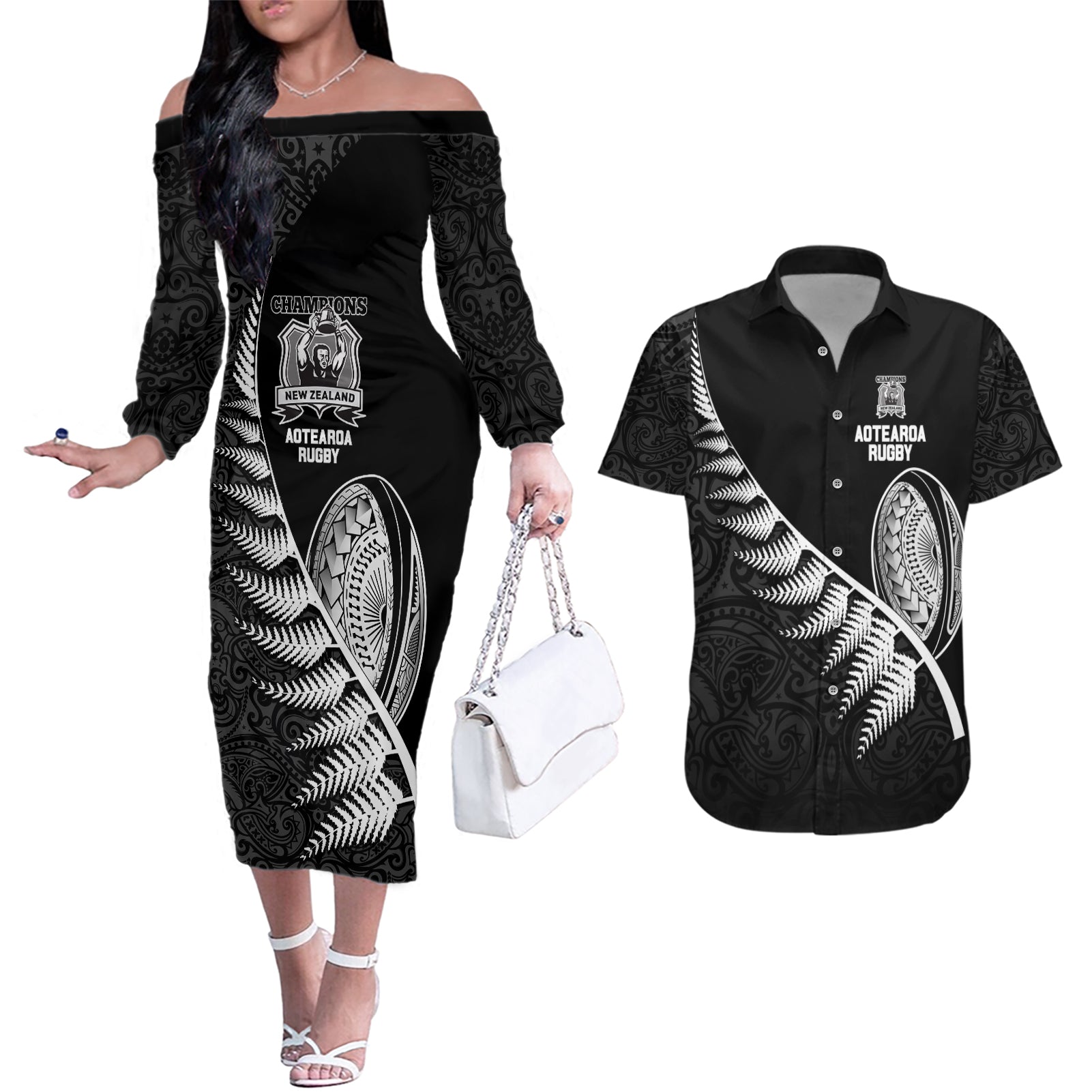 New Zealand World Cup 2023 Couples Matching Off The Shoulder Long Sleeve Dress and Hawaiian Shirt Aotearoa Champion Rugby with Silver Fern Maori Ethnic Pattern LT03 Black - Polynesian Pride