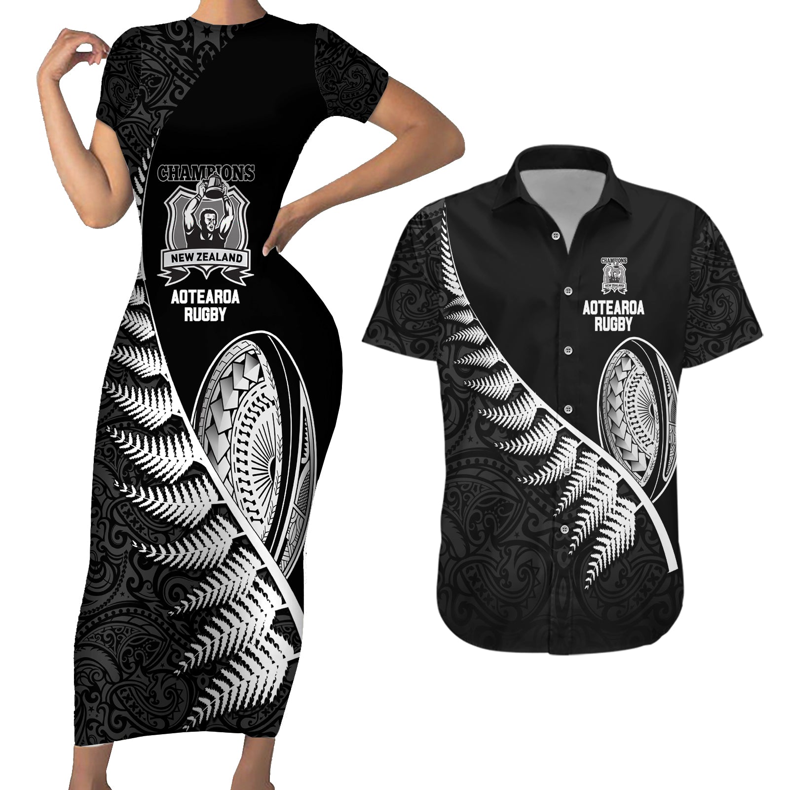 New Zealand World Cup 2023 Couples Matching Short Sleeve Bodycon Dress and Hawaiian Shirt Aotearoa Champion Rugby with Silver Fern Maori Ethnic Pattern LT03 Black - Polynesian Pride