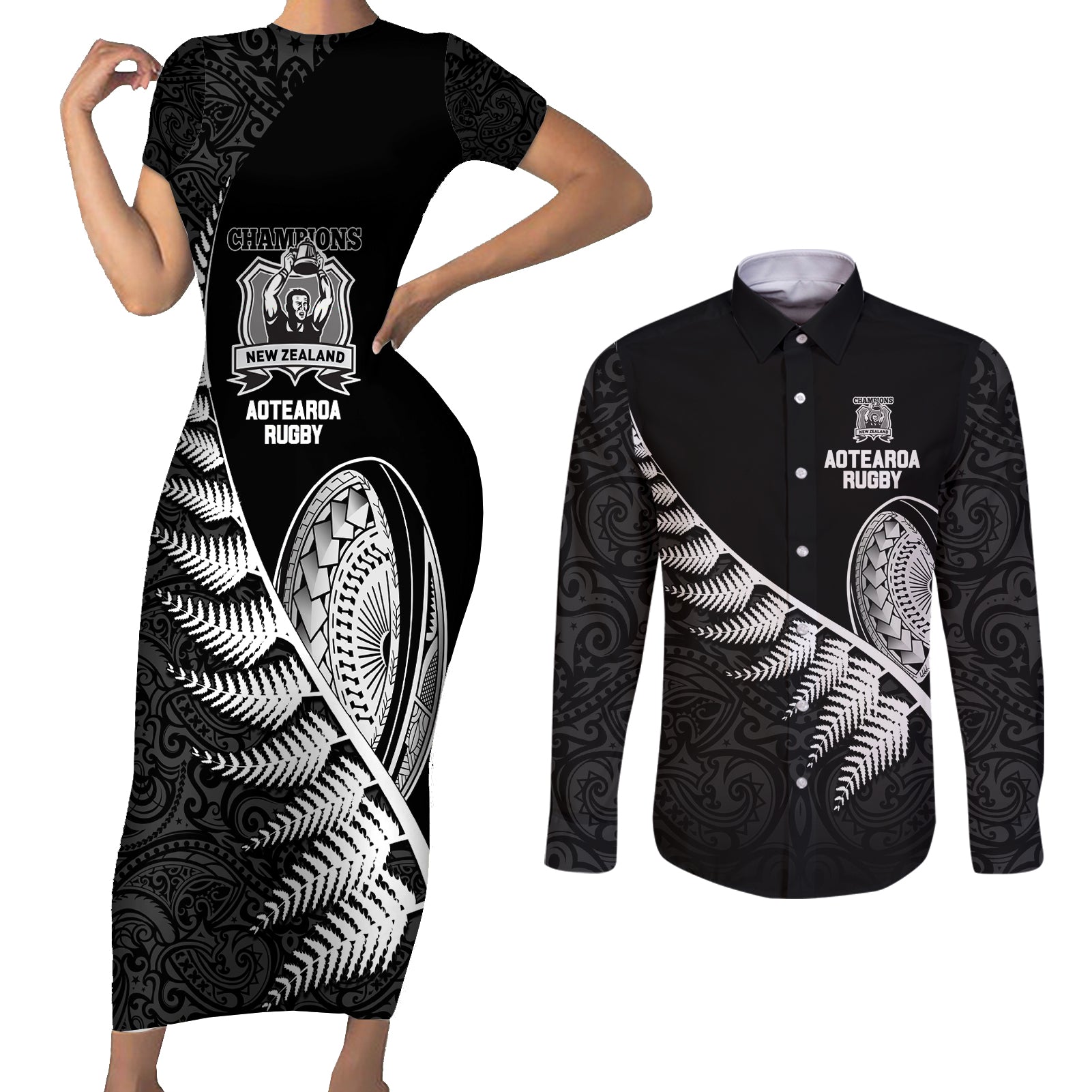 New Zealand World Cup 2023 Couples Matching Short Sleeve Bodycon Dress and Long Sleeve Button Shirt Aotearoa Champion Rugby with Silver Fern Maori Ethnic Pattern LT03 Black - Polynesian Pride