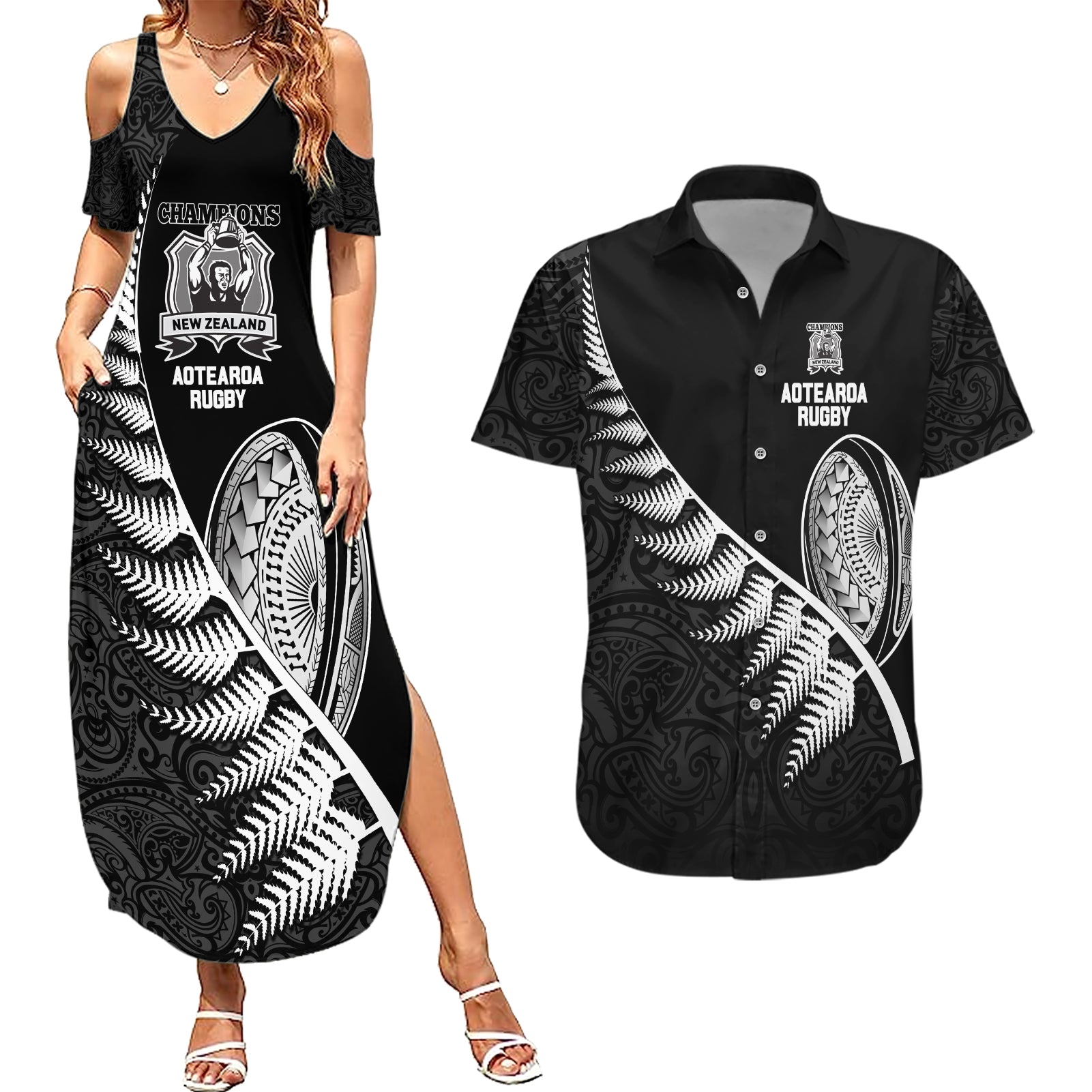 New Zealand World Cup 2023 Couples Matching Summer Maxi Dress and Hawaiian Shirt Aotearoa Champion Rugby with Silver Fern Maori Ethnic Pattern LT03 Black - Polynesian Pride