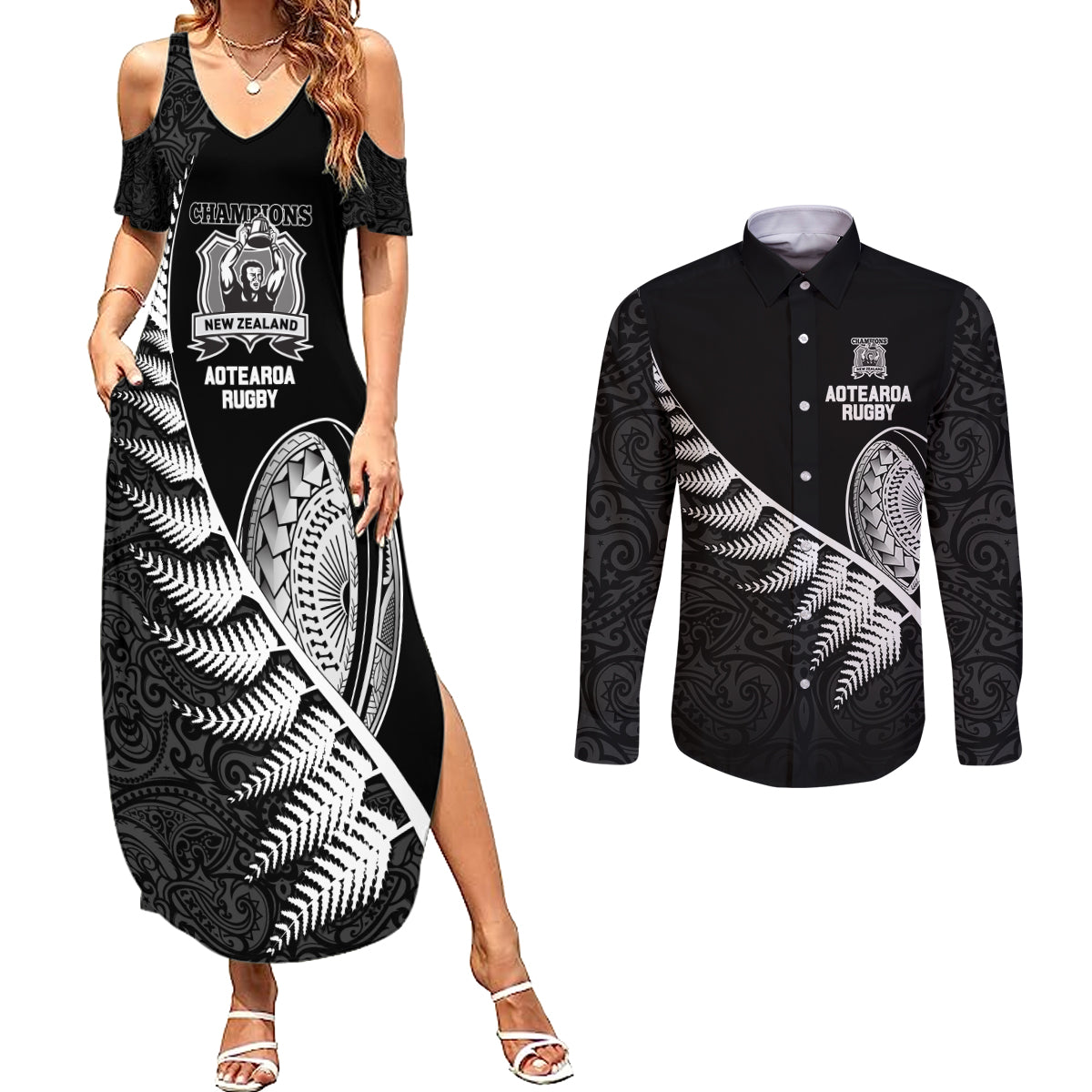 New Zealand World Cup 2023 Couples Matching Summer Maxi Dress and Long Sleeve Button Shirt Aotearoa Champion Rugby with Silver Fern Maori Ethnic Pattern LT03 Black - Polynesian Pride