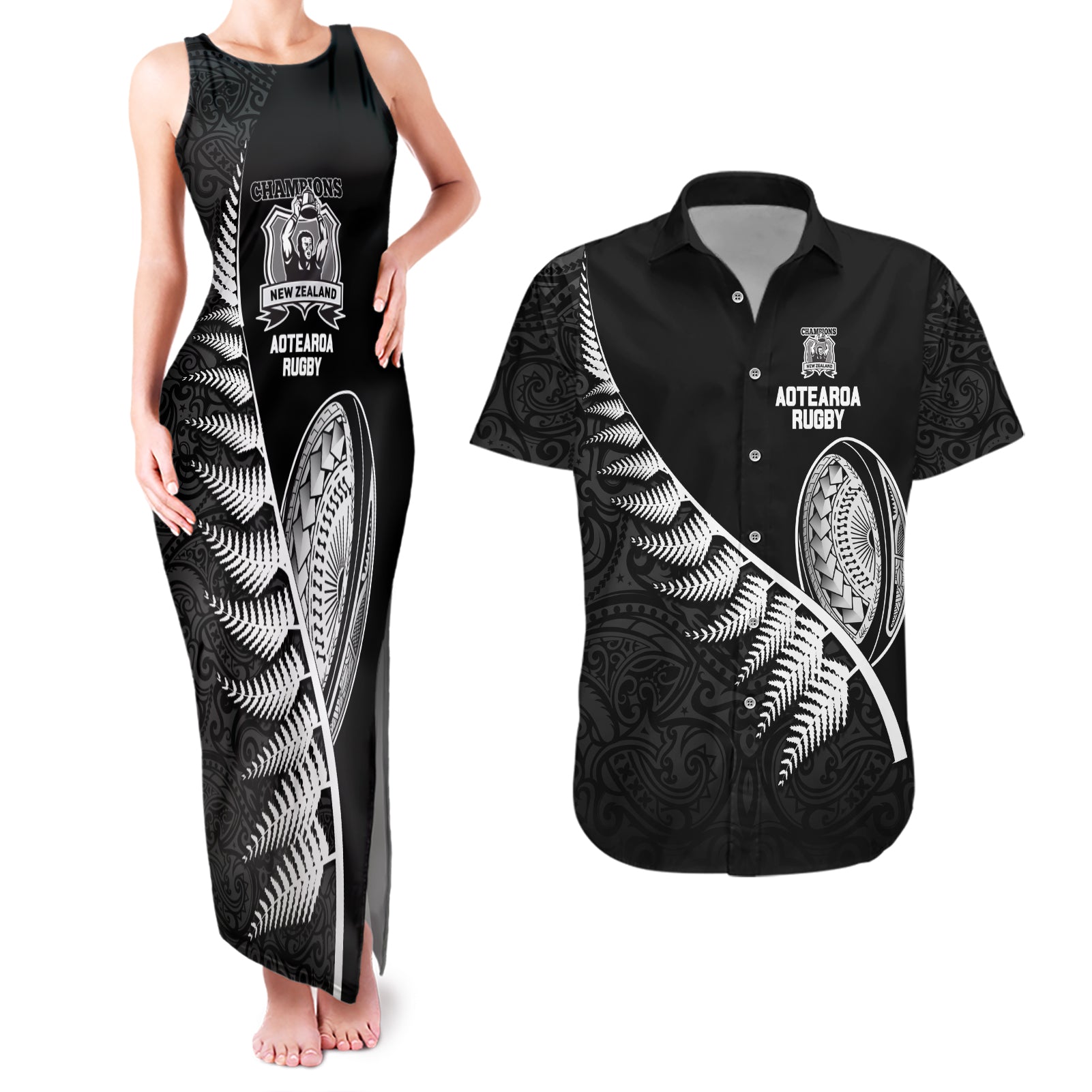 New Zealand World Cup 2023 Couples Matching Tank Maxi Dress and Hawaiian Shirt Aotearoa Champion Rugby with Silver Fern Maori Ethnic Pattern LT03 Black - Polynesian Pride