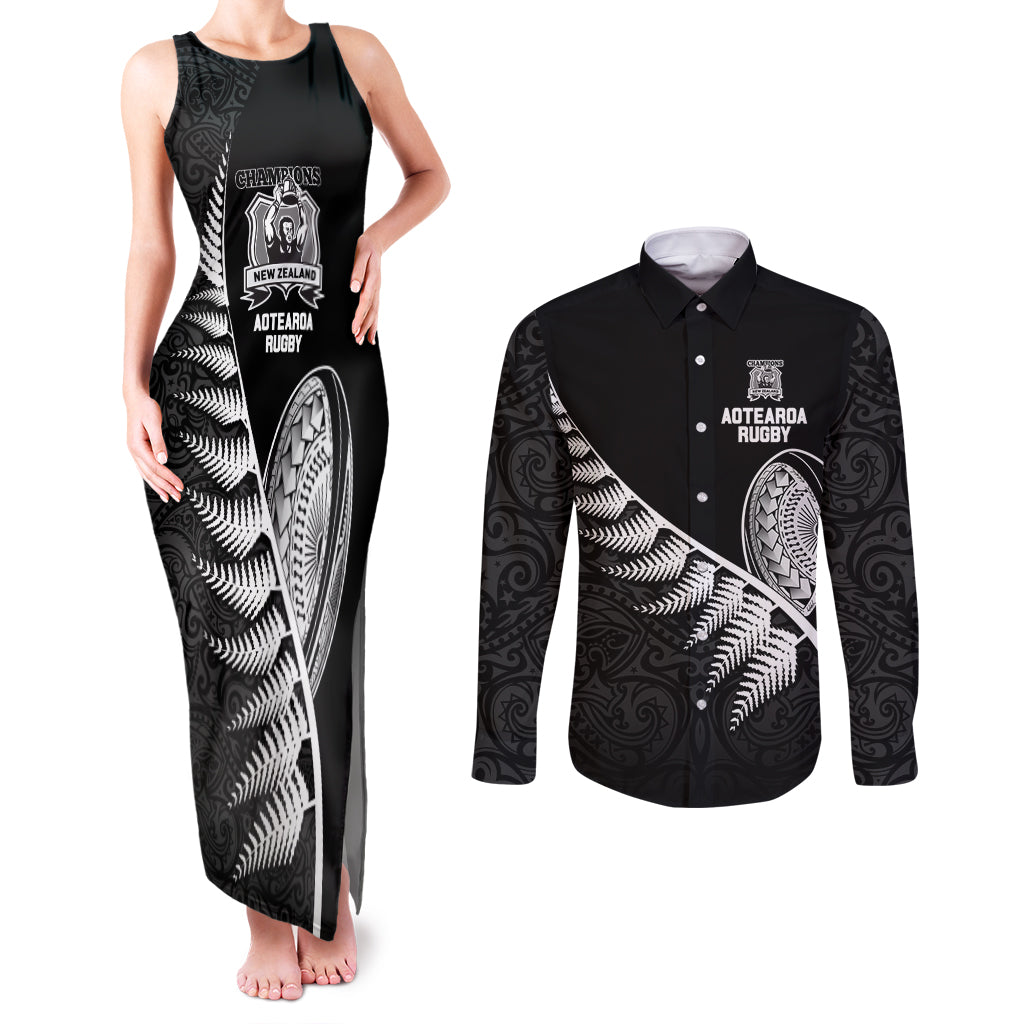 New Zealand World Cup 2023 Couples Matching Tank Maxi Dress and Long Sleeve Button Shirt Aotearoa Champion Rugby with Silver Fern Maori Ethnic Pattern LT03 Black - Polynesian Pride