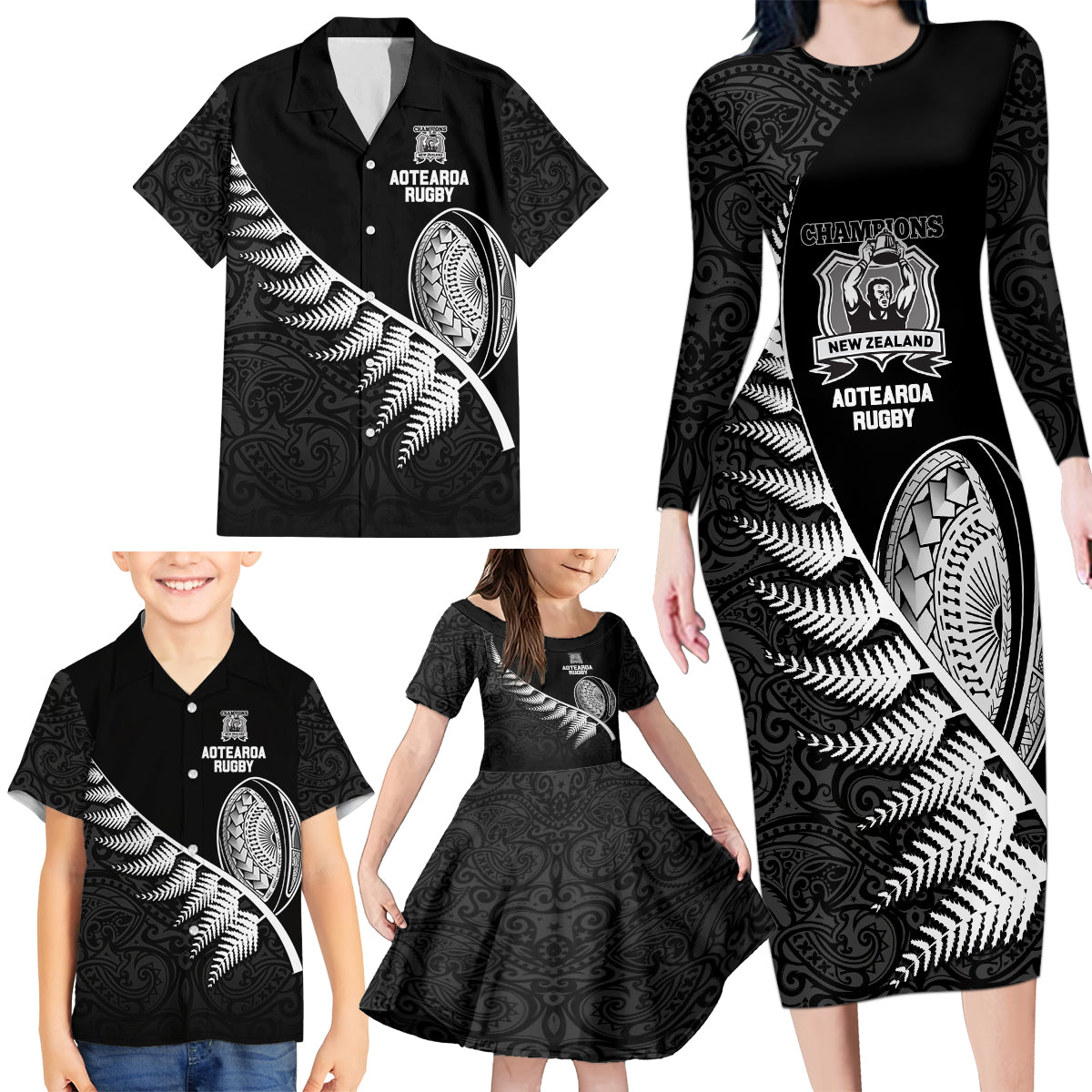 New Zealand World Cup 2023 Family Matching Long Sleeve Bodycon Dress and Hawaiian Shirt Aotearoa Champion Rugby with Silver Fern Maori Ethnic Pattern LT03 - Polynesian Pride