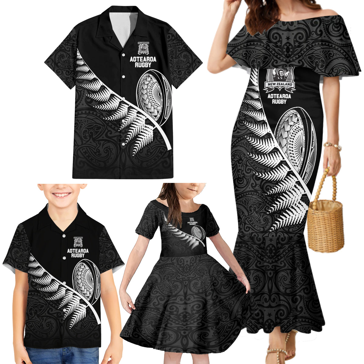 New Zealand World Cup 2023 Family Matching Mermaid Dress and Hawaiian Shirt Aotearoa Champion Rugby with Silver Fern Maori Ethnic Pattern LT03 - Polynesian Pride