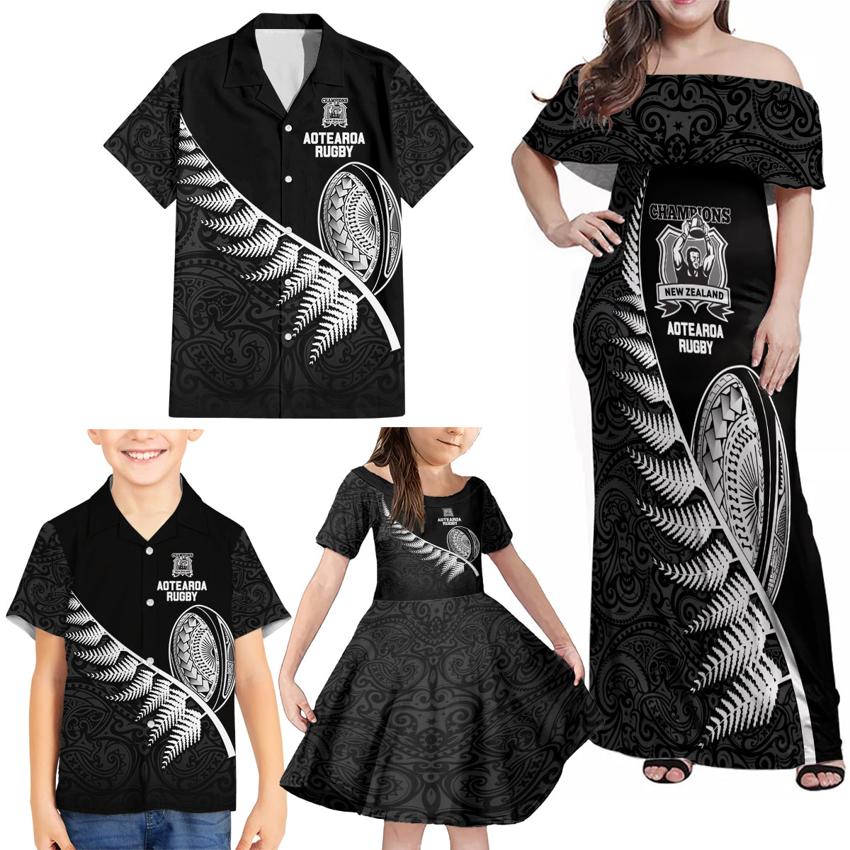 New Zealand World Cup 2023 Family Matching Off Shoulder Maxi Dress and Hawaiian Shirt Aotearoa Champion Rugby with Silver Fern Maori Ethnic Pattern LT03 - Polynesian Pride