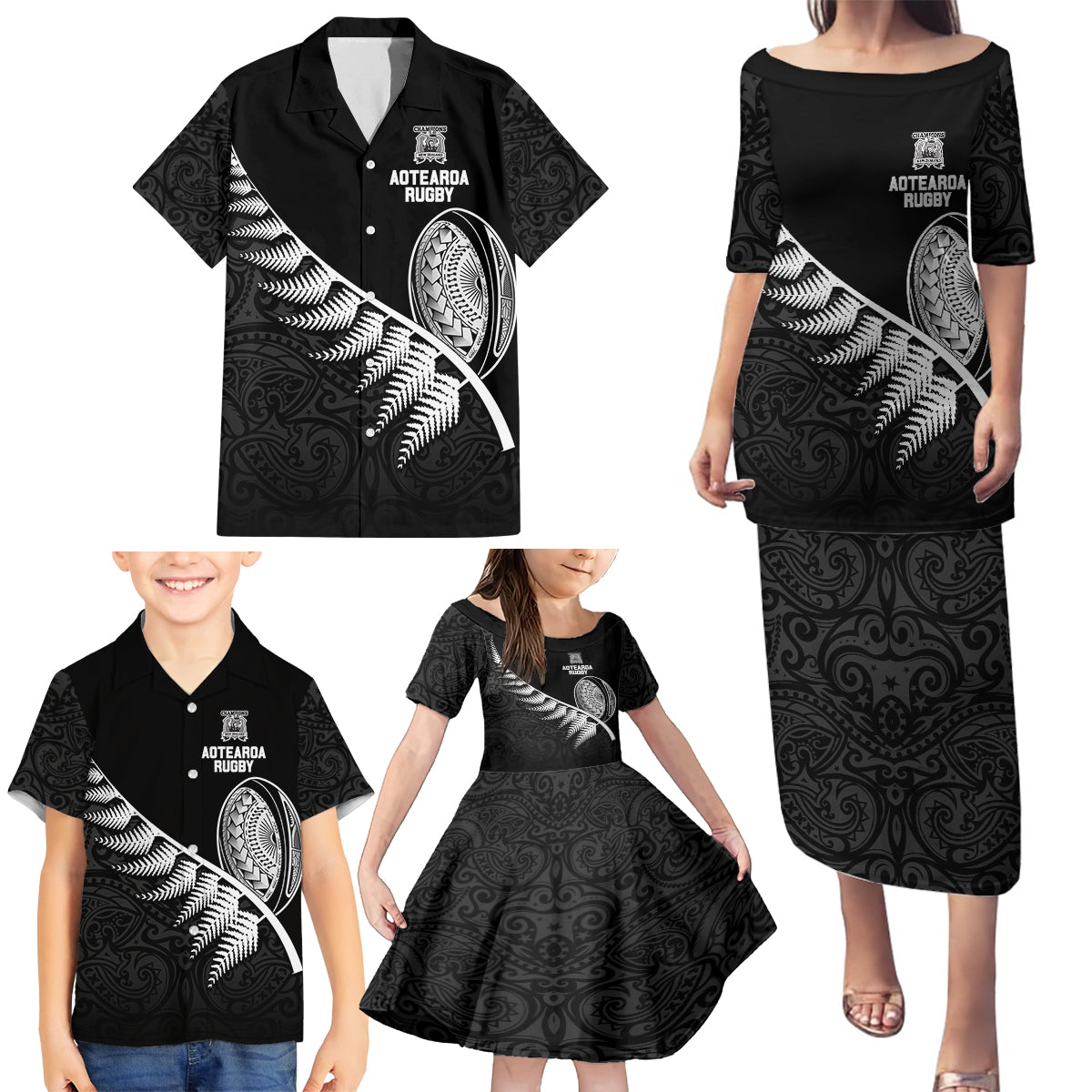 New Zealand World Cup 2023 Family Matching Puletasi Dress and Hawaiian Shirt Aotearoa Champion Rugby with Silver Fern Maori Ethnic Pattern LT03 - Polynesian Pride