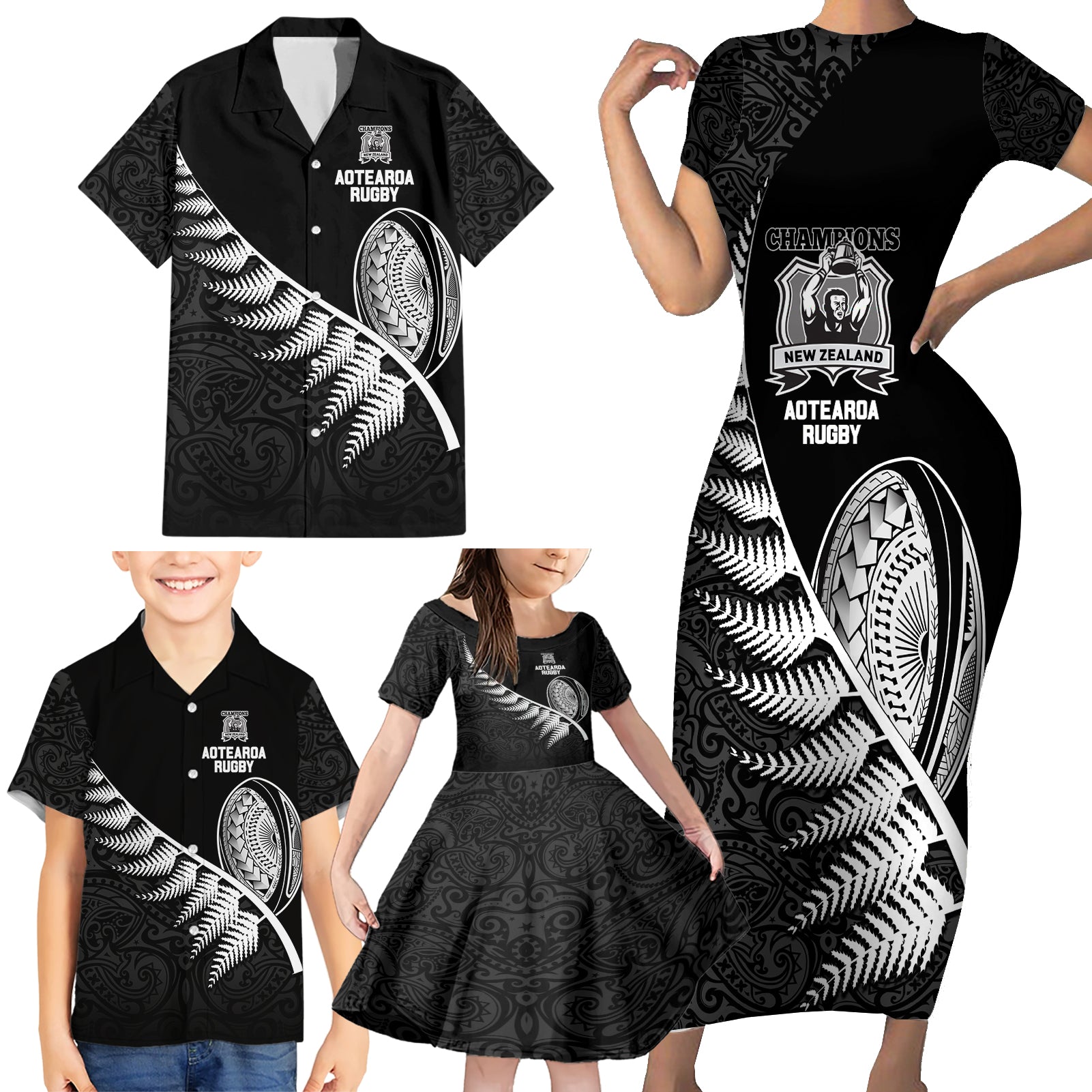 New Zealand World Cup 2023 Family Matching Short Sleeve Bodycon Dress and Hawaiian Shirt Aotearoa Champion Rugby with Silver Fern Maori Ethnic Pattern LT03 - Polynesian Pride