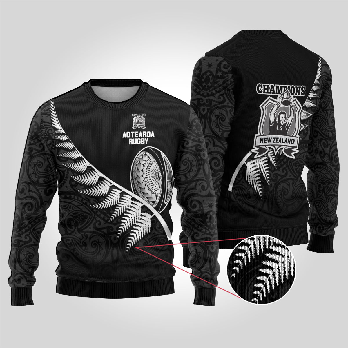 New Zealand World Cup 2023 Ugly Christmas Sweater Aotearoa Champion Rugby with Silver Fern Maori Ethnic Pattern LT03 Black - Polynesian Pride