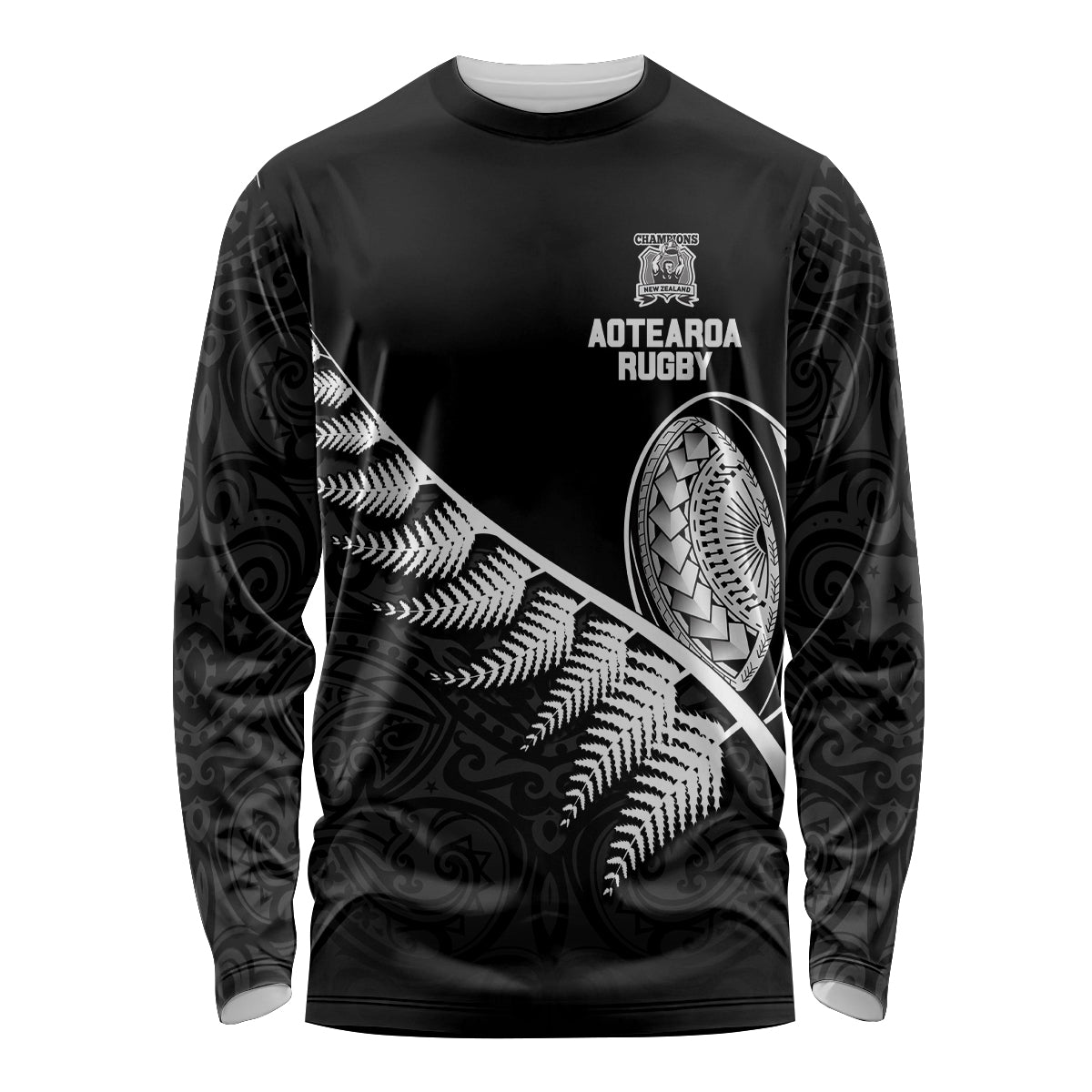 New Zealand World Cup 2023 Long Sleeve Shirt Aotearoa Champion Rugby with Silver Fern Maori Ethnic Pattern LT03 Unisex Black - Polynesian Pride