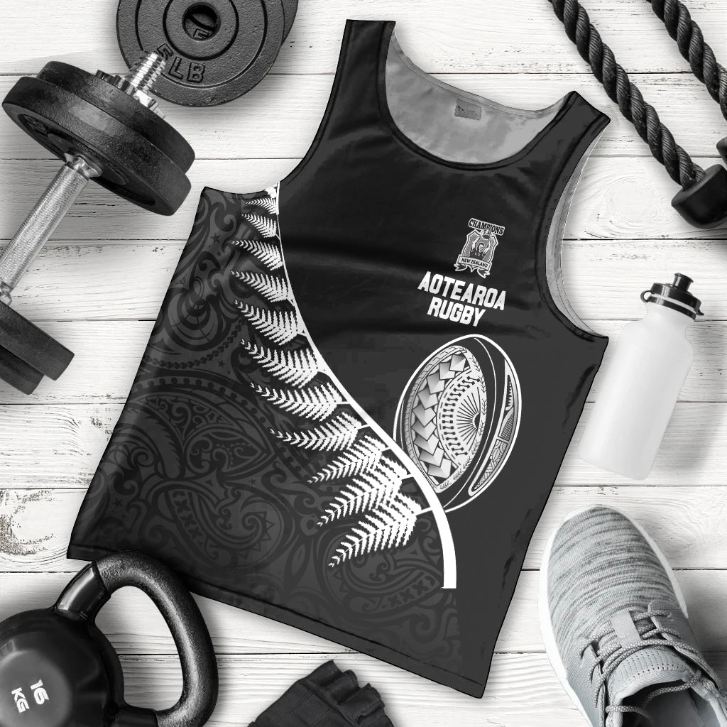 New Zealand World Cup 2023 Men Tank Top Aotearoa Champion Rugby with Silver Fern Maori Ethnic Pattern LT03 Black - Polynesian Pride