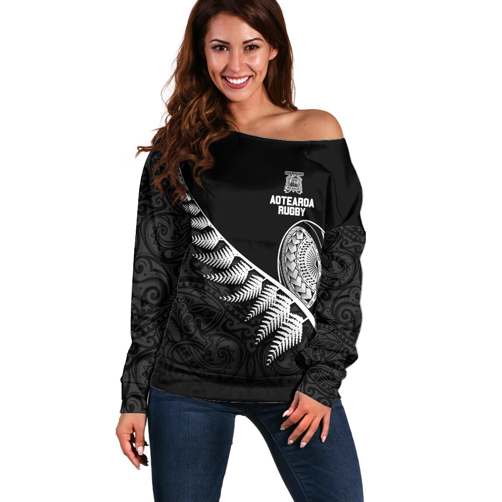 New Zealand World Cup 2023 Off Shoulder Sweater Aotearoa Champion Rugby with Silver Fern Maori Ethnic Pattern LT03 Women Black - Polynesian Pride