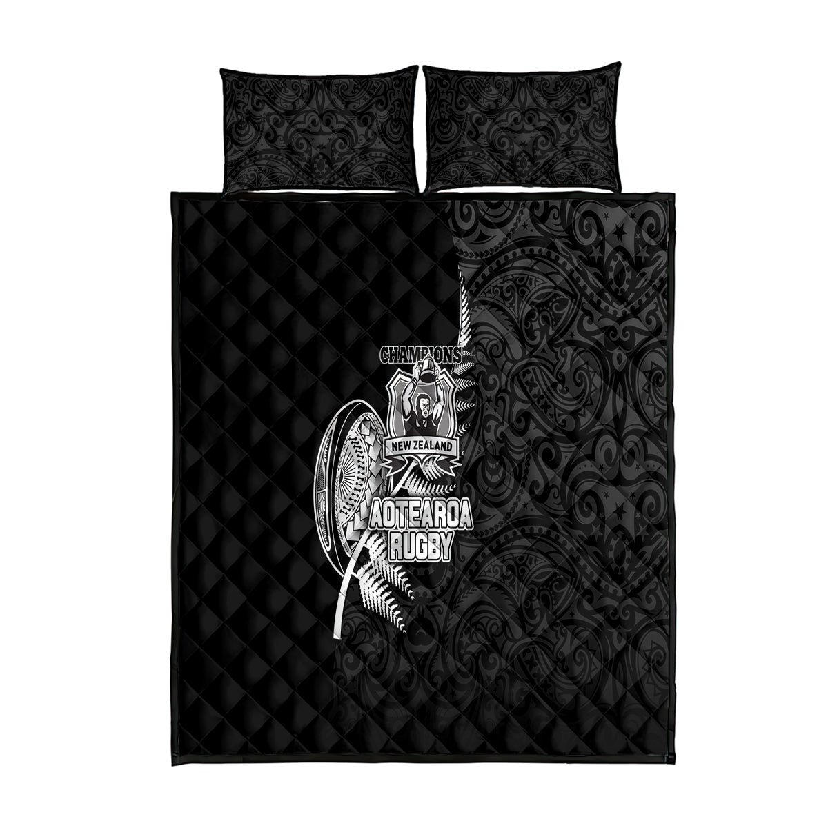 New Zealand World Cup 2023 Quilt Bed Set Aotearoa Champion Rugby with Silver Fern Maori Ethnic Pattern LT03 Black - Polynesian Pride