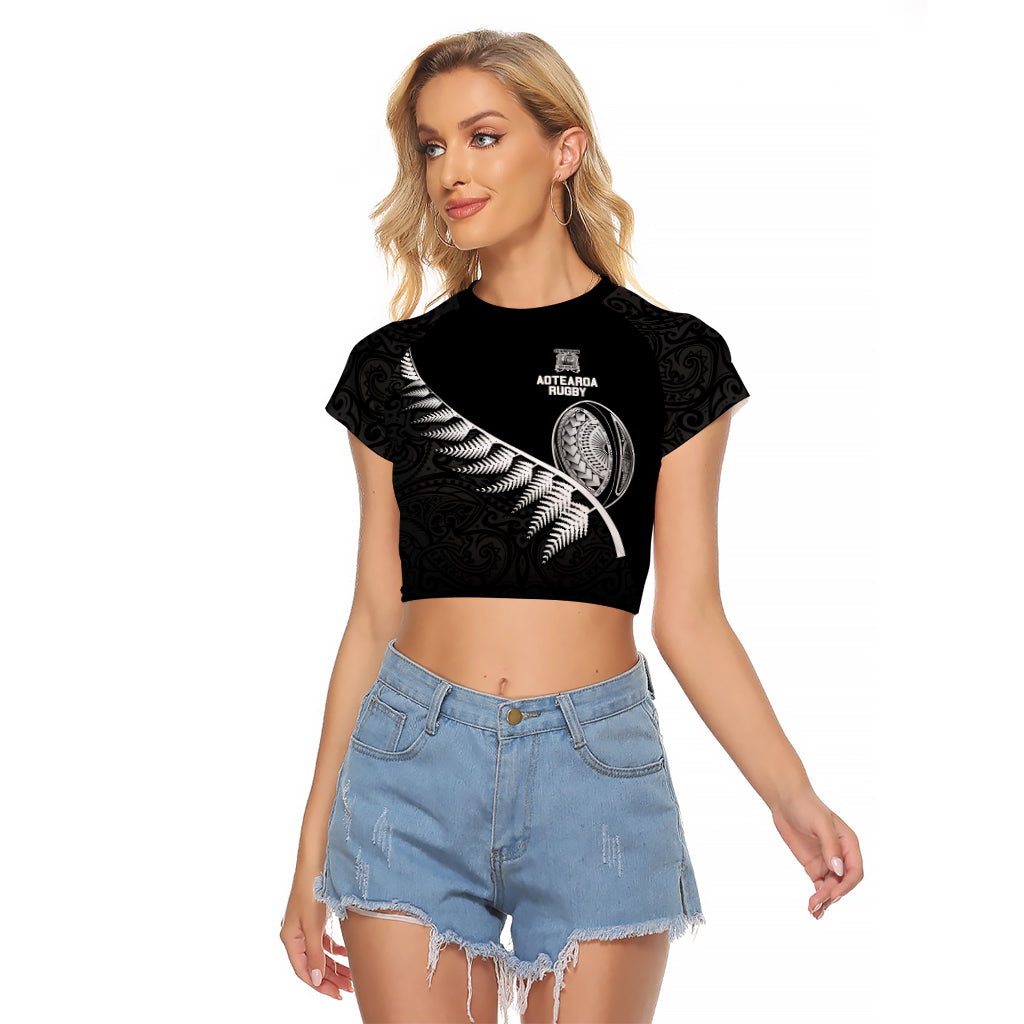 New Zealand World Cup 2023 Raglan Cropped T Shirt Aotearoa Champion Rugby with Silver Fern Maori Ethnic Pattern LT03 Female Black - Polynesian Pride