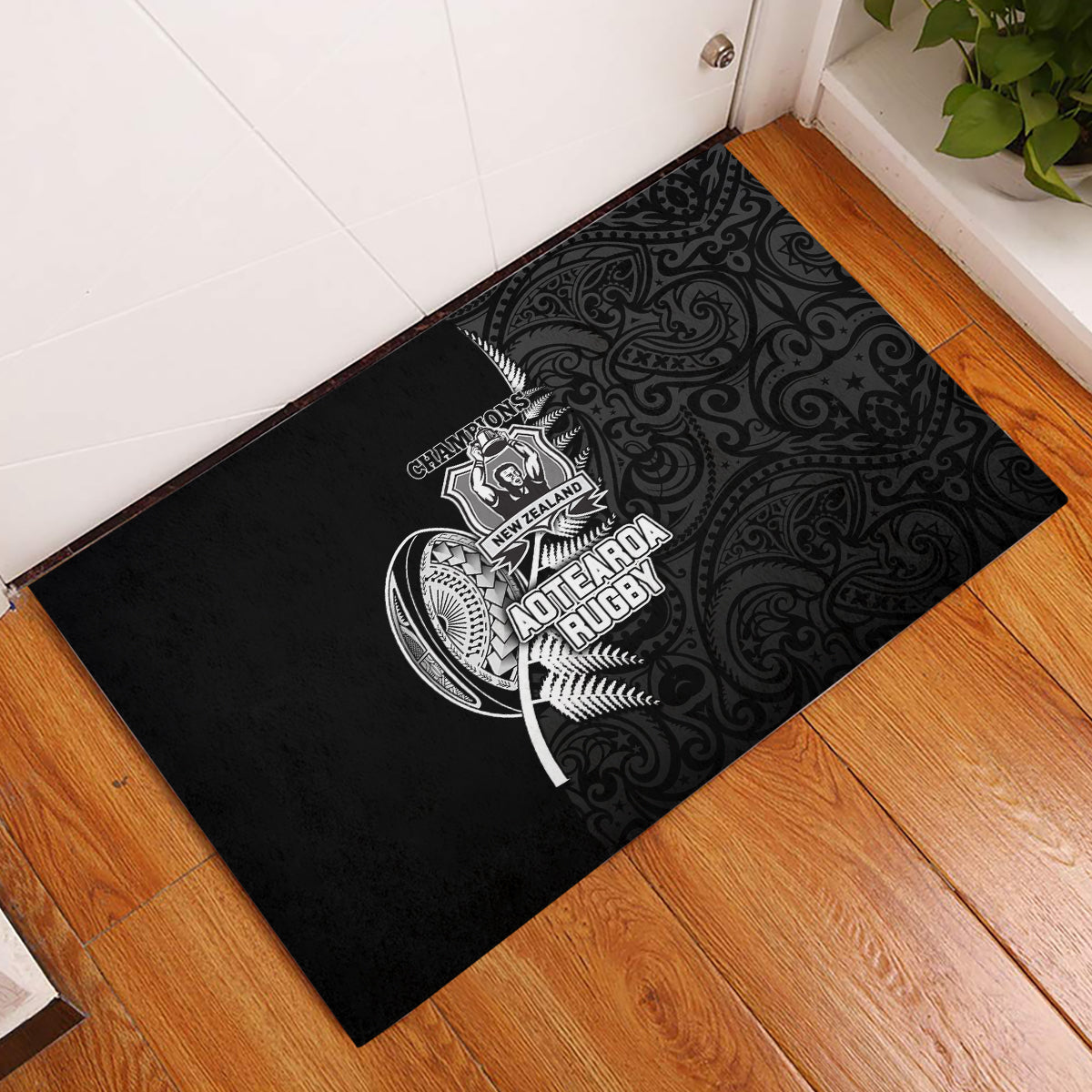 New Zealand World Cup 2023 Rubber Doormat Aotearoa Champion Rugby with Silver Fern Maori Ethnic Pattern LT03 Black - Polynesian Pride