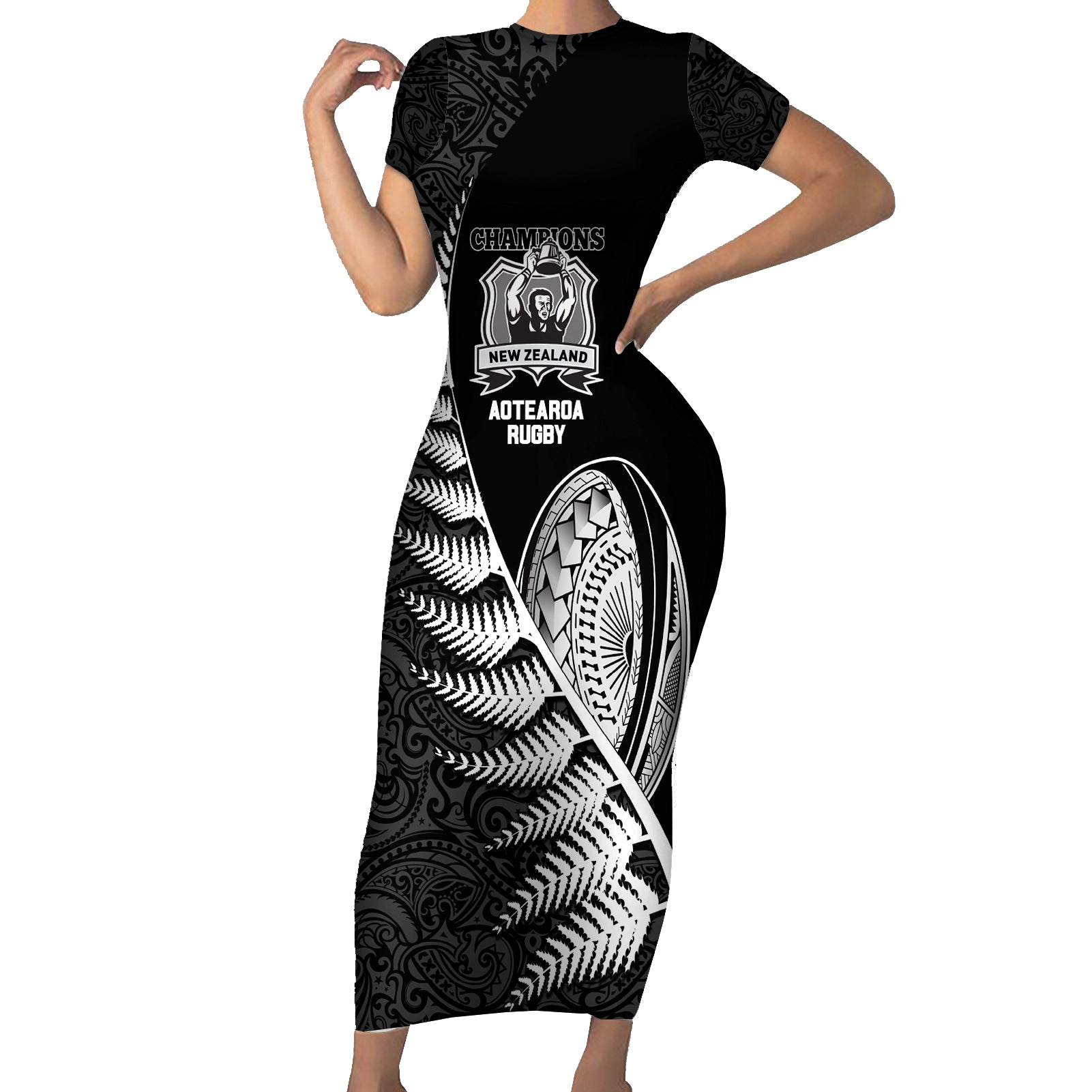 New Zealand World Cup 2023 Short Sleeve Bodycon Dress Aotearoa Champion Rugby with Silver Fern Maori Ethnic Pattern LT03 Long Dress Black - Polynesian Pride