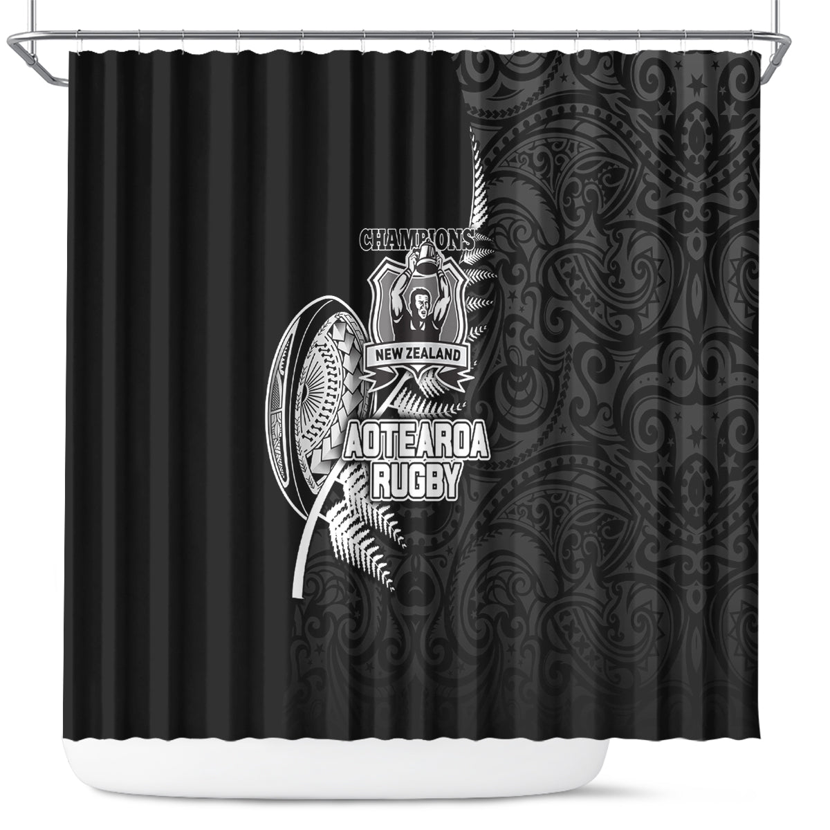 New Zealand World Cup 2023 Shower Curtain Aotearoa Champion Rugby with Silver Fern Maori Ethnic Pattern LT03 Black - Polynesian Pride