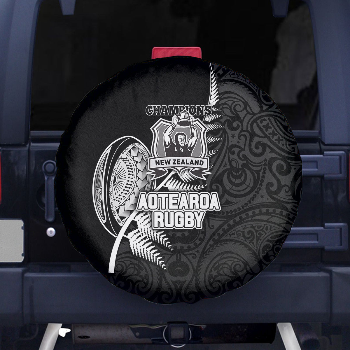 New Zealand World Cup 2023 Spare Tire Cover Aotearoa Champion Rugby with Silver Fern Maori Ethnic Pattern LT03 Black - Polynesian Pride