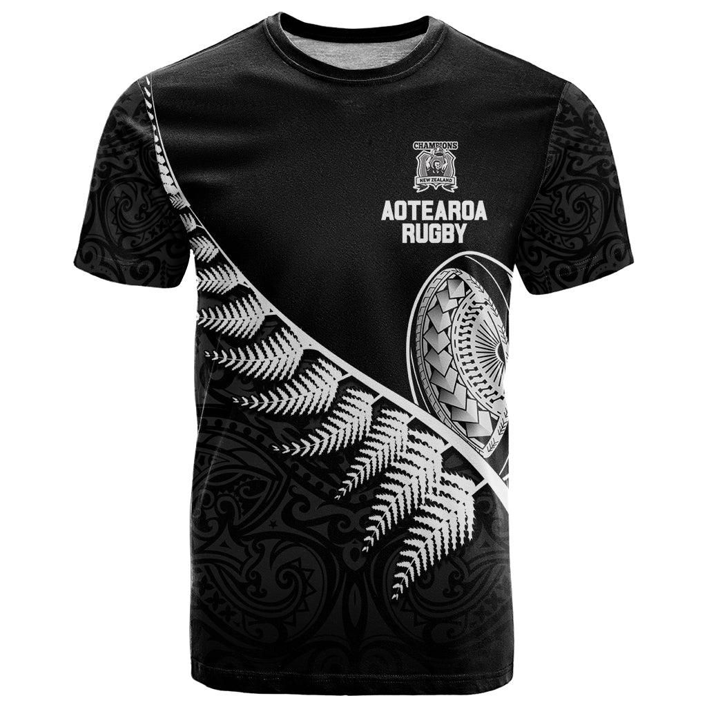 New Zealand World Cup 2023 T Shirt Aotearoa Champion Rugby with Silver Fern Maori Ethnic Pattern LT03 Black - Polynesian Pride