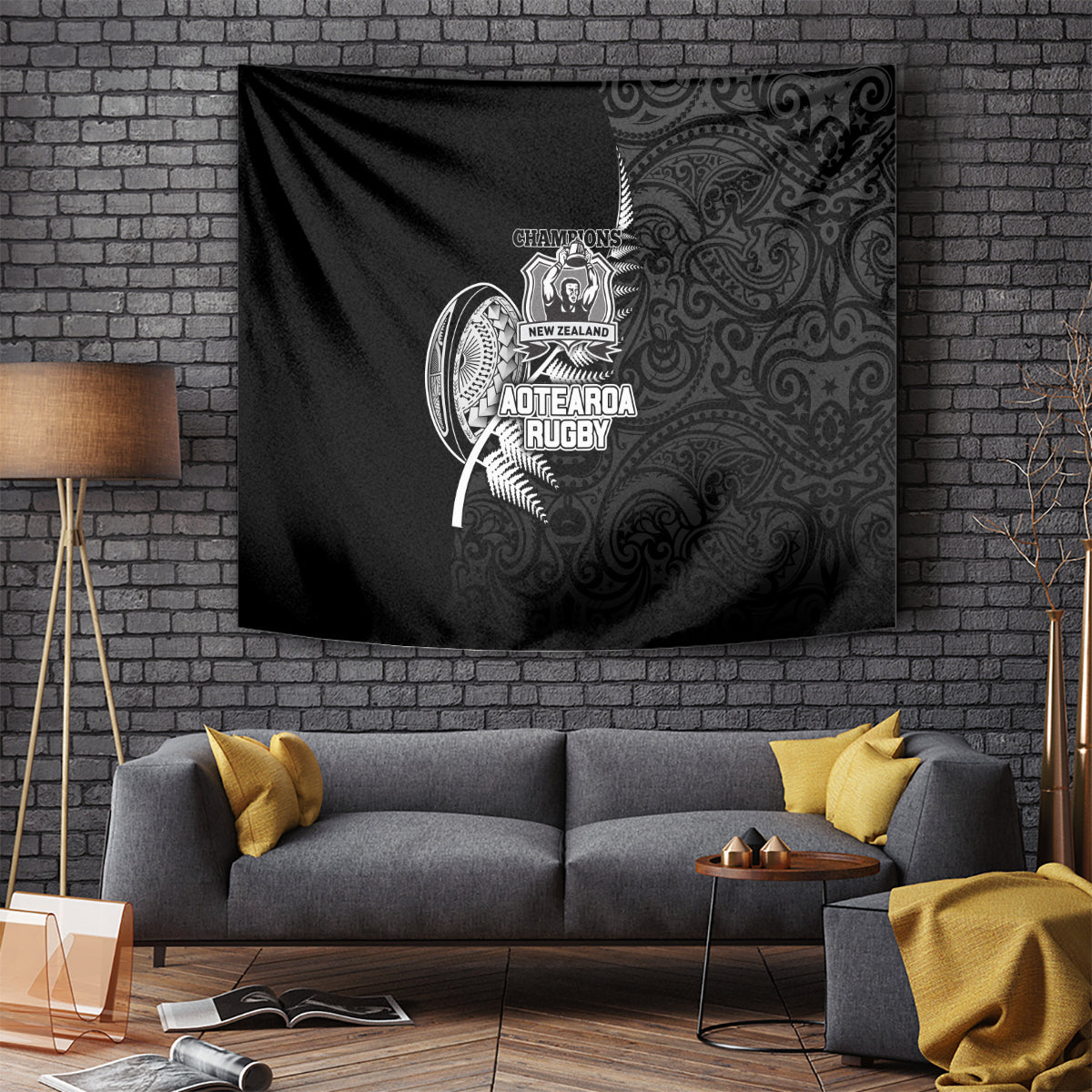 New Zealand World Cup 2023 Tapestry Aotearoa Champion Rugby with Silver Fern Maori Ethnic Pattern LT03 Black - Polynesian Pride