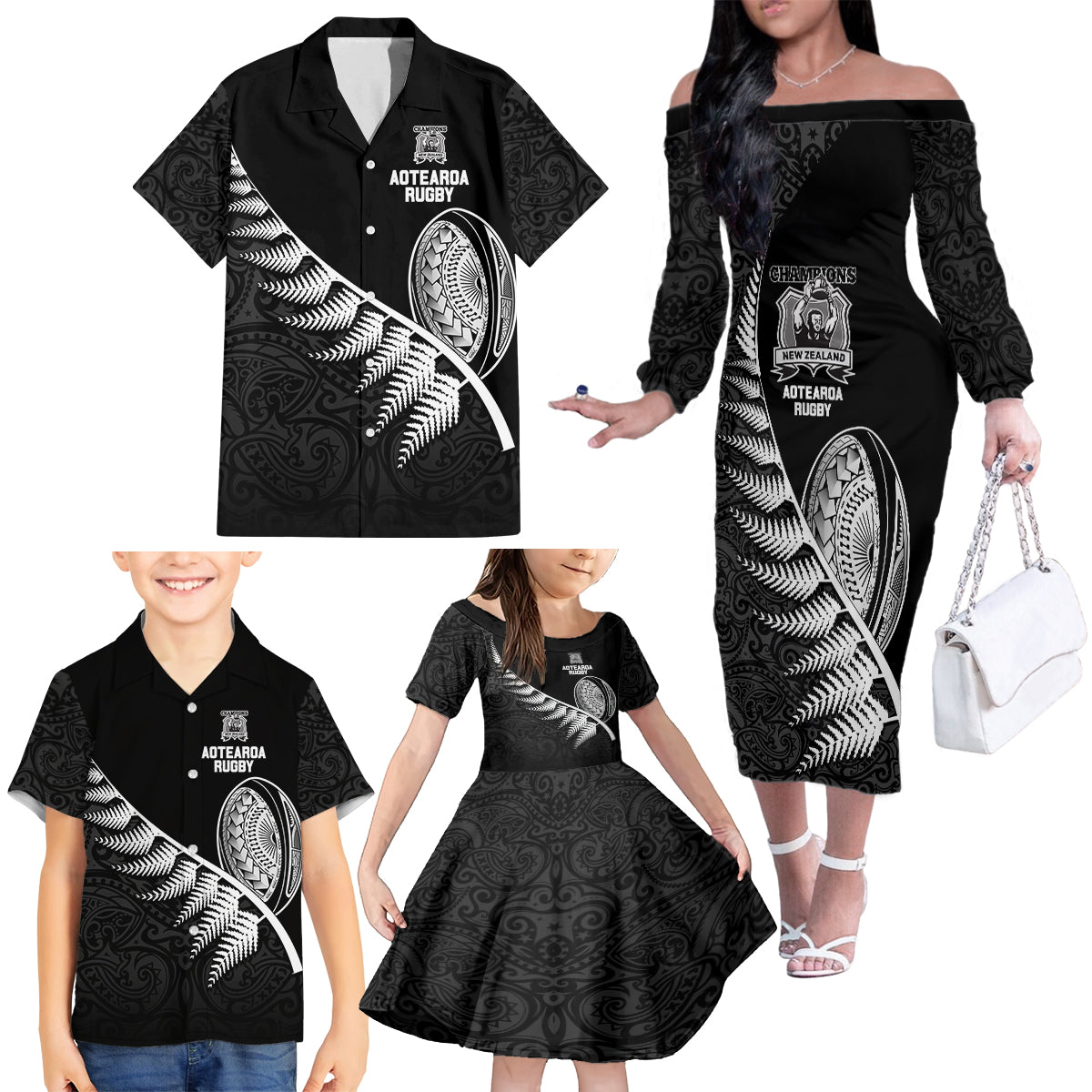 Custom New Zealand World Cup 2023 Family Matching Off Shoulder Long Sleeve Dress and Hawaiian Shirt Aotearoa Champion Rugby with Silver Fern Maori Ethnic Pattern LT03 - Polynesian Pride