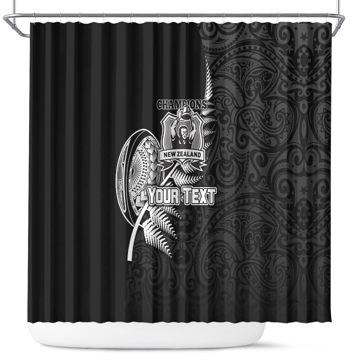 Custom New Zealand World Cup 2023 Shower Curtain Aotearoa Champion Rugby with Silver Fern Maori Ethnic Pattern LT03 Black - Polynesian Pride