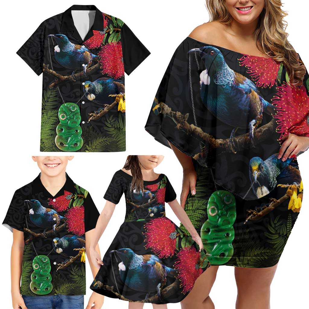 New Zealand Tui Family Matching Off Shoulder Short Dress and Hawaiian Shirt Guardians of the Hei Tiki - Maori Art and Plants