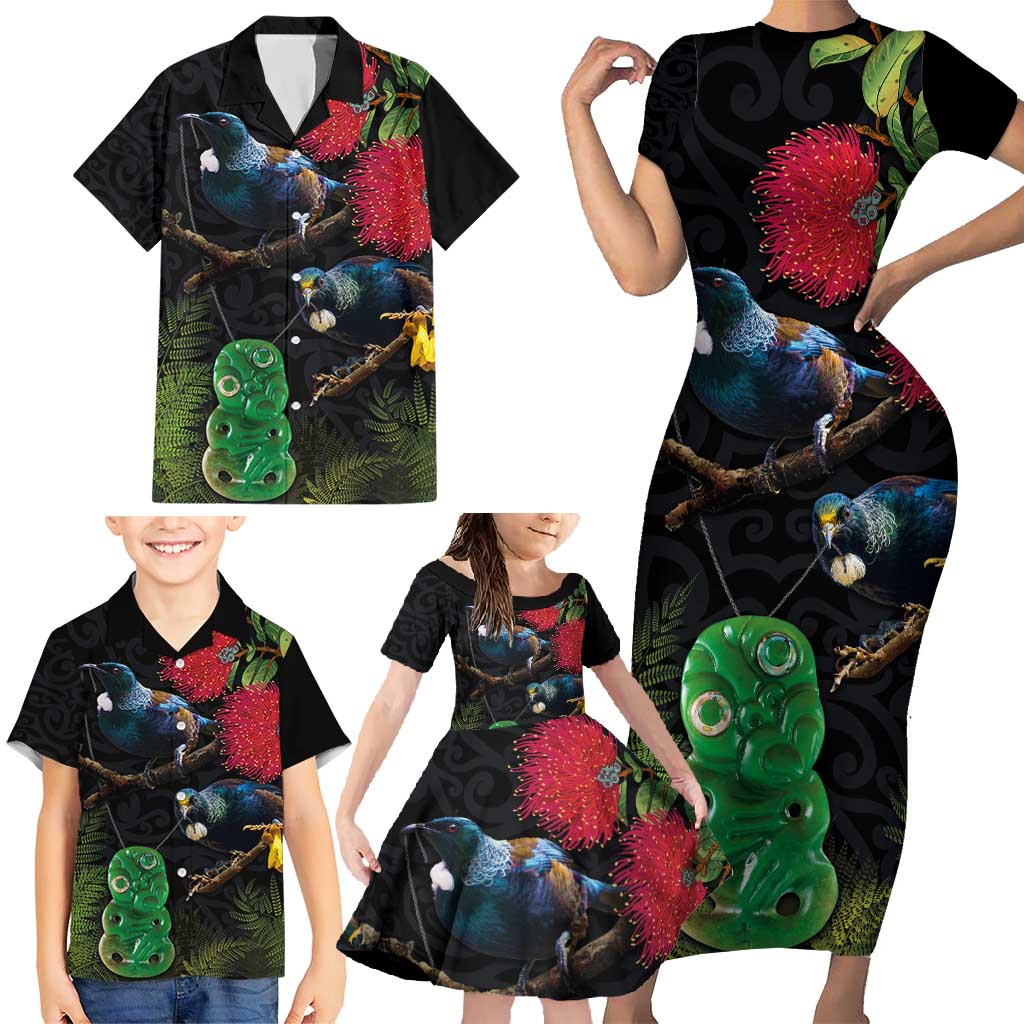 New Zealand Tui Family Matching Short Sleeve Bodycon Dress and Hawaiian Shirt Guardians of the Hei Tiki - Maori Art and Plants