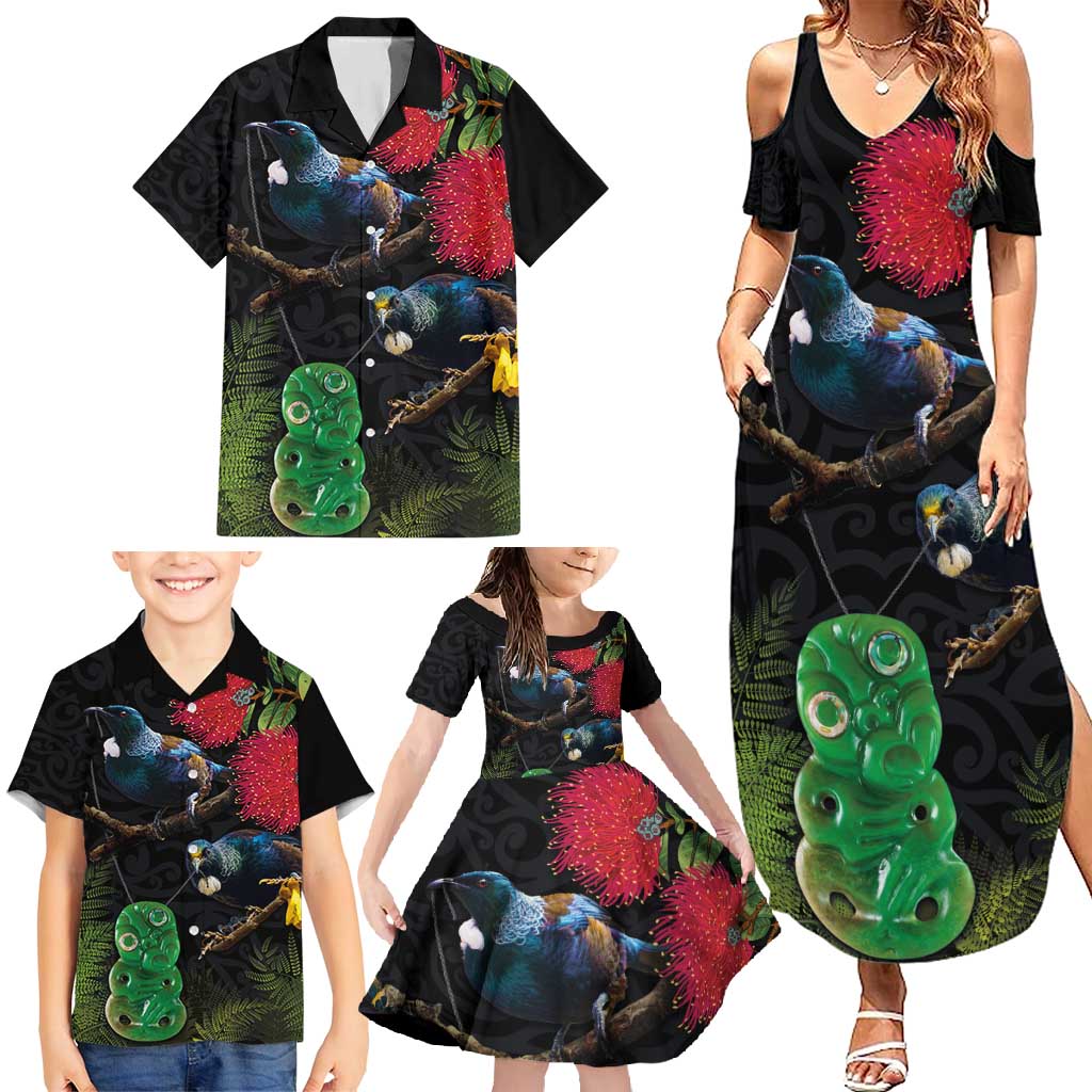 New Zealand Tui Family Matching Summer Maxi Dress and Hawaiian Shirt Guardians of the Hei Tiki - Maori Art and Plants