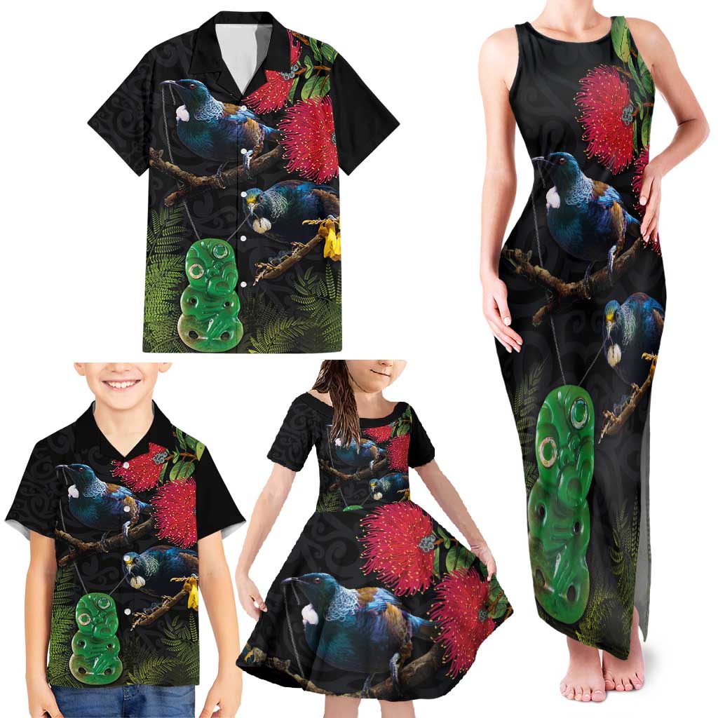 New Zealand Tui Family Matching Tank Maxi Dress and Hawaiian Shirt Guardians of the Hei Tiki - Maori Art and Plants