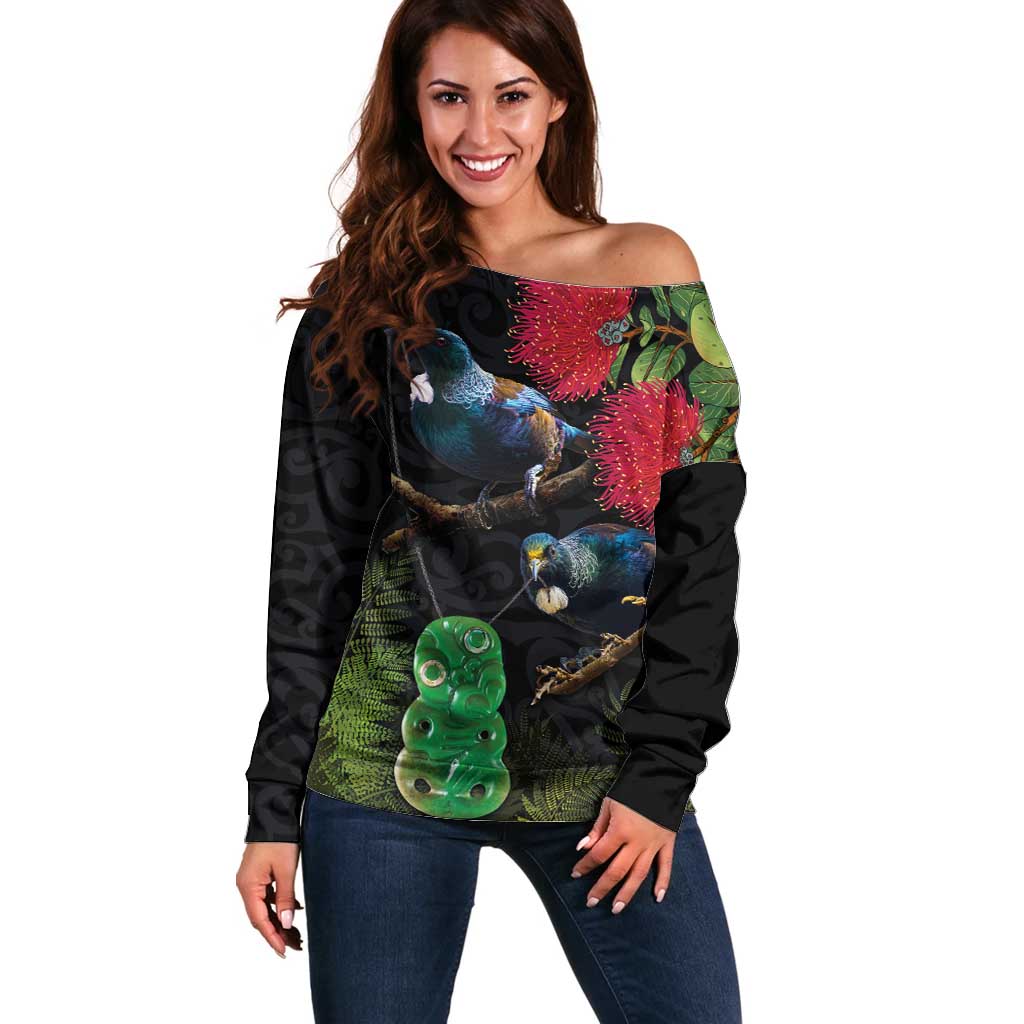 New Zealand Tui Off Shoulder Sweater Guardians of the Hei Tiki - Maori Art and Plants LT03 Women Black - Polynesian Pride