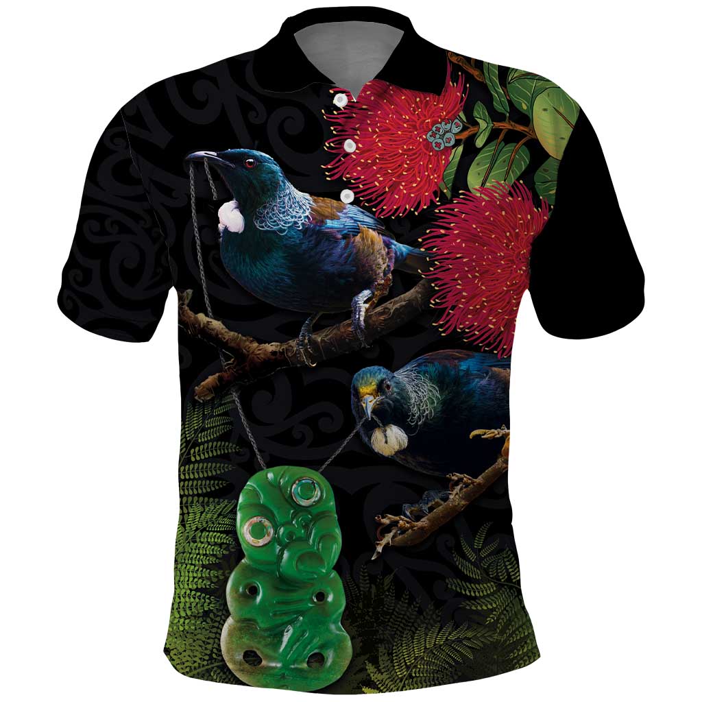 New Zealand Tui Polo Shirt Guardians of the Hei Tiki - Maori Art and Plants