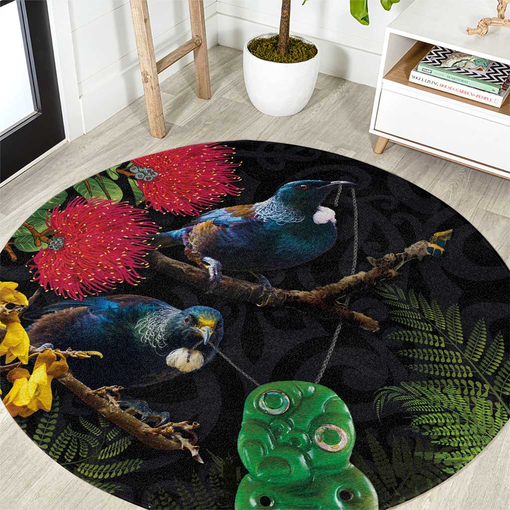 New Zealand Tui Round Carpet Guardians of the Hei Tiki - Maori Art and Plants LT03 Black - Polynesian Pride