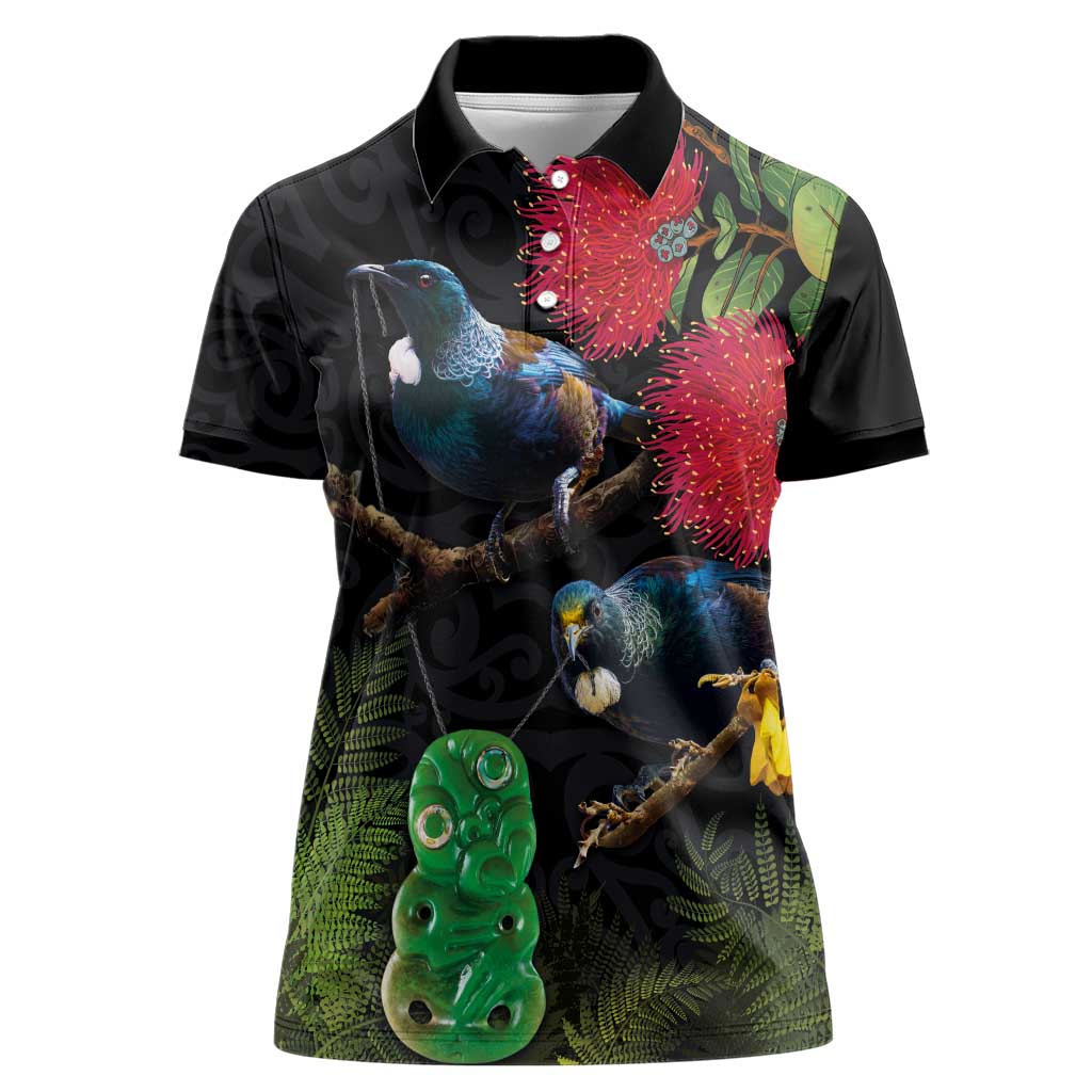 New Zealand Tui Women Polo Shirt Guardians of the Hei Tiki - Maori Art and Plants