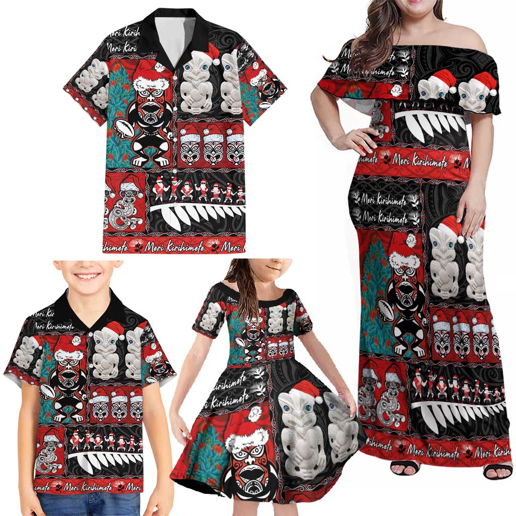 New Zealand Christmas Family Matching Off Shoulder Maxi Dress and Hawaiian Shirt Maori Christmas Spirit - Meri Kirihimete