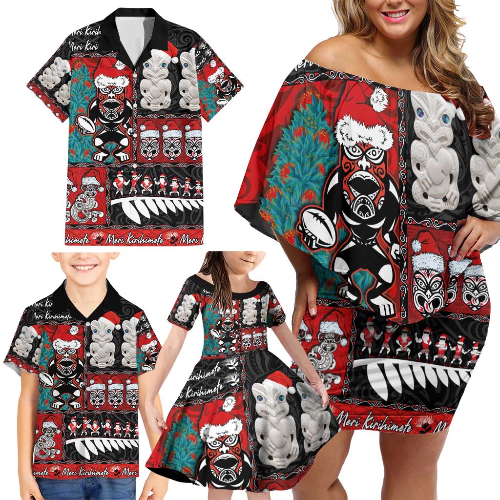 New Zealand Christmas Family Matching Off Shoulder Short Dress and Hawaiian Shirt Maori Christmas Spirit - Meri Kirihimete