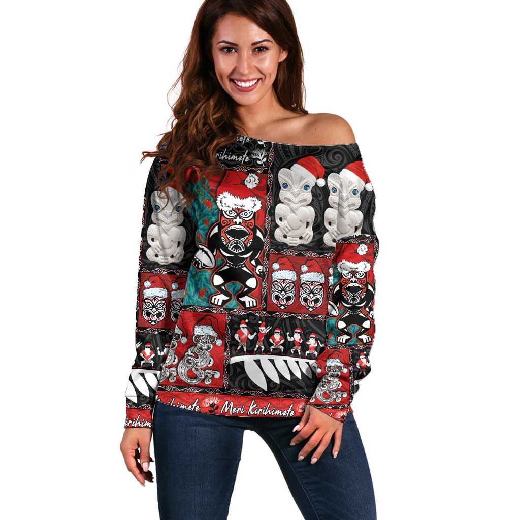 New Zealand Christmas Off Shoulder Sweater Maori Christmas Spirit - Meri Kirihimete LT03 Women Black - Polynesian Pride