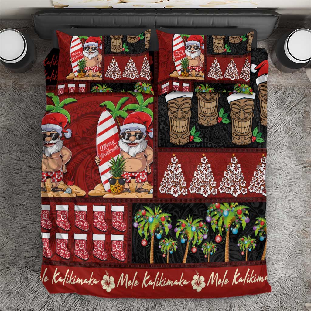 Hawaiian Christmas Bedding Set - Mele Kalikimaka Island Holiday Vibes - Black Red