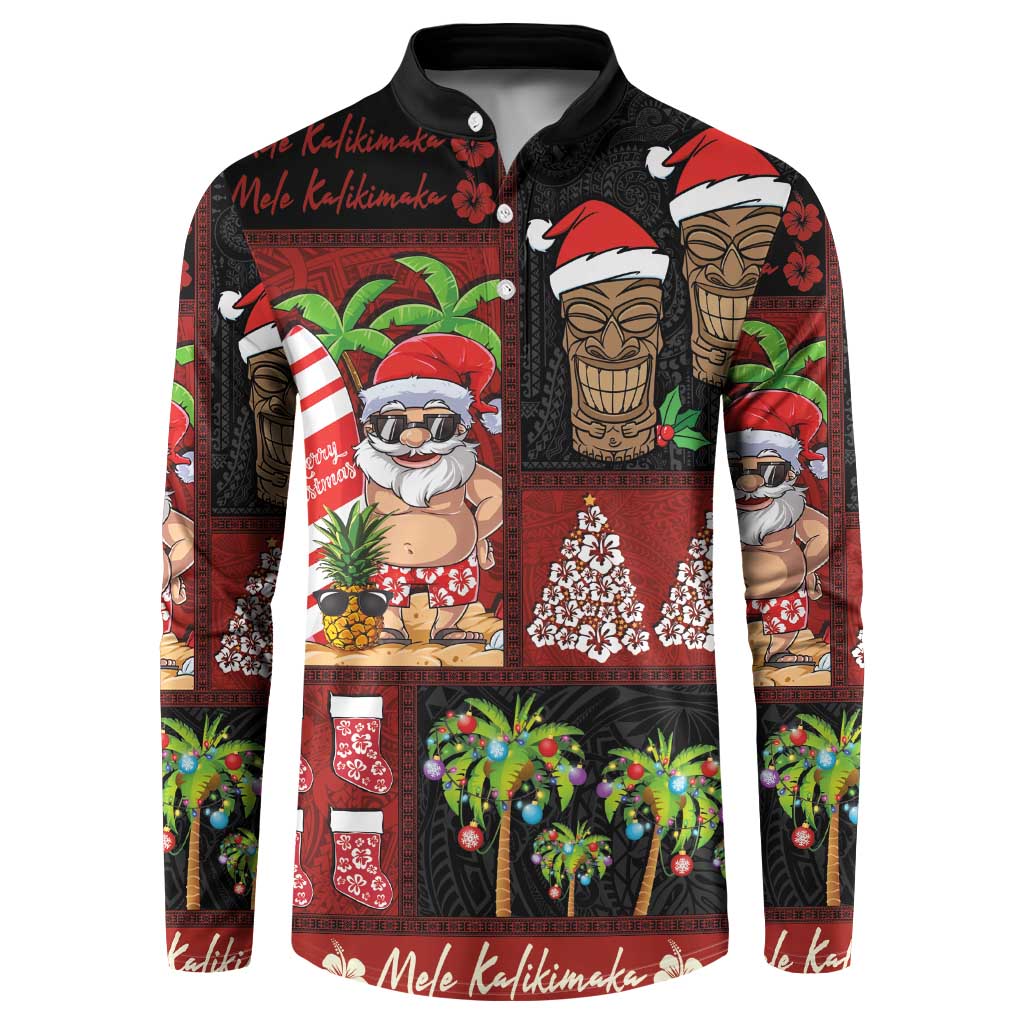 Hawaiian Christmas Button Sweatshirt - Mele Kalikimaka Island Holiday Vibes - Black Red LT03 Black - Red - Polynesian Pride
