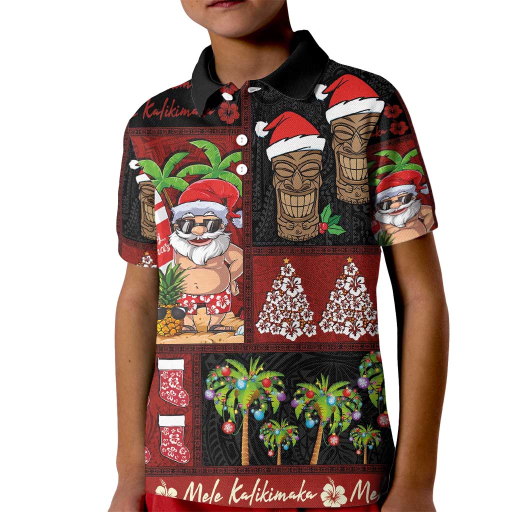 Hawaiian Christmas Kid Polo Shirt - Mele Kalikimaka Island Holiday Vibes - Black Red LT03 Kid Black - Red - Polynesian Pride