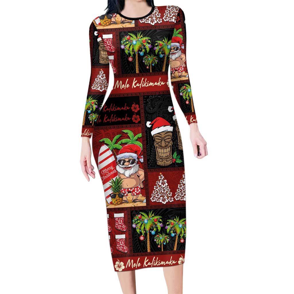 Hawaiian Christmas Long Sleeve Bodycon Dress - Mele Kalikimaka Island Holiday Vibes - Black Red LT03 Long Dress Black - Red - Polynesian Pride