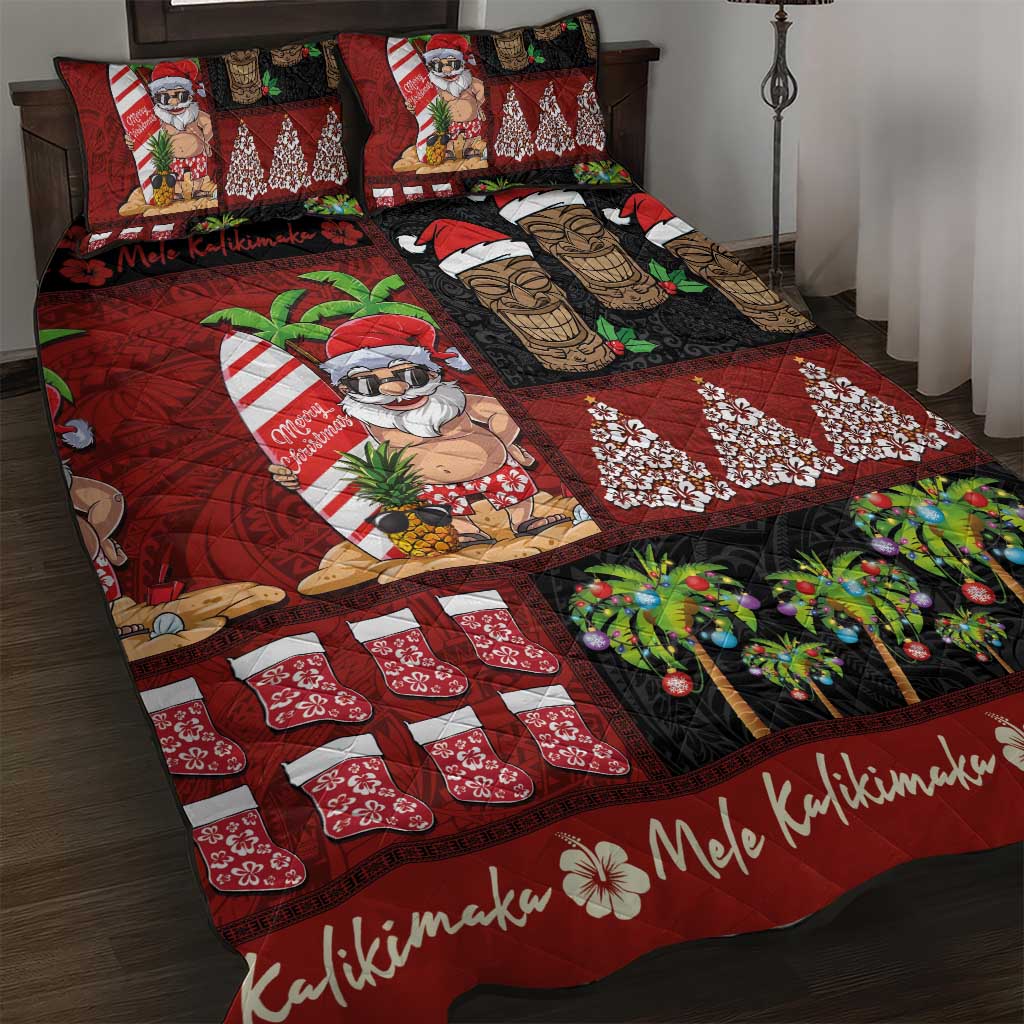 Hawaiian Christmas Quilt Bed Set - Mele Kalikimaka Island Holiday Vibes - Black Red LT03 Black - Red - Polynesian Pride