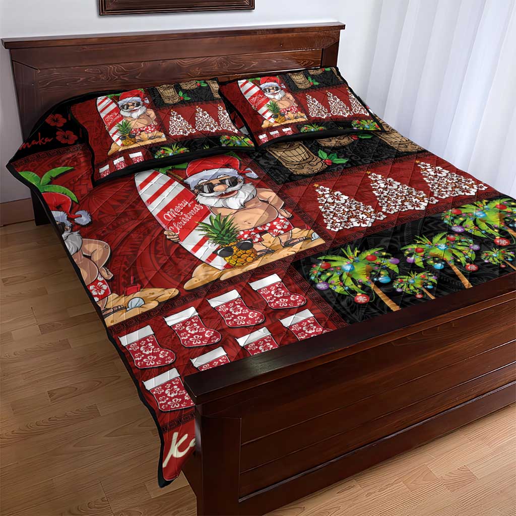 Hawaiian Christmas Quilt Bed Set - Mele Kalikimaka Island Holiday Vibes - Black Red LT03 - Polynesian Pride