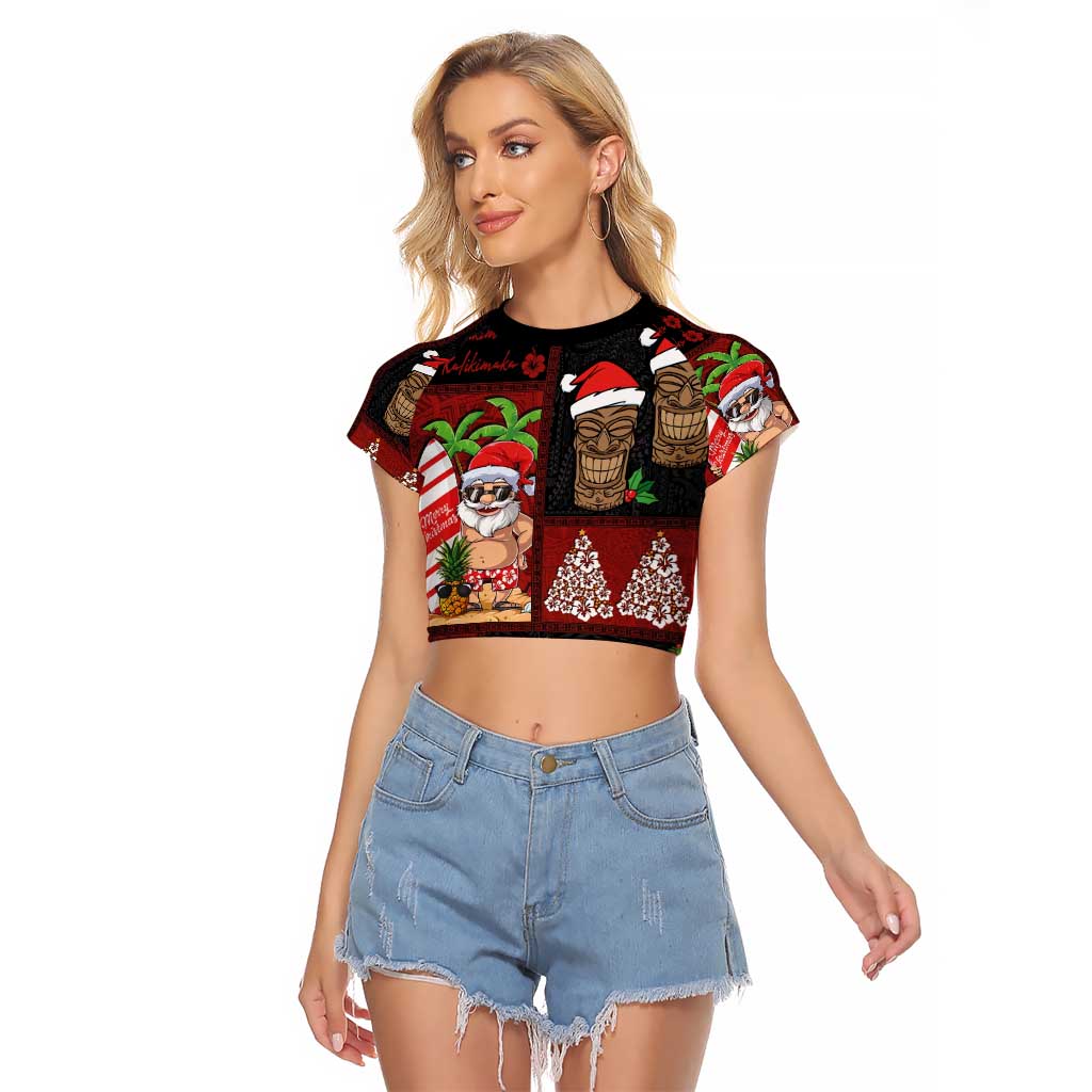 Hawaiian Christmas Raglan Cropped T Shirt - Mele Kalikimaka Island Holiday Vibes - Black Red LT03 Female Black - Red - Polynesian Pride