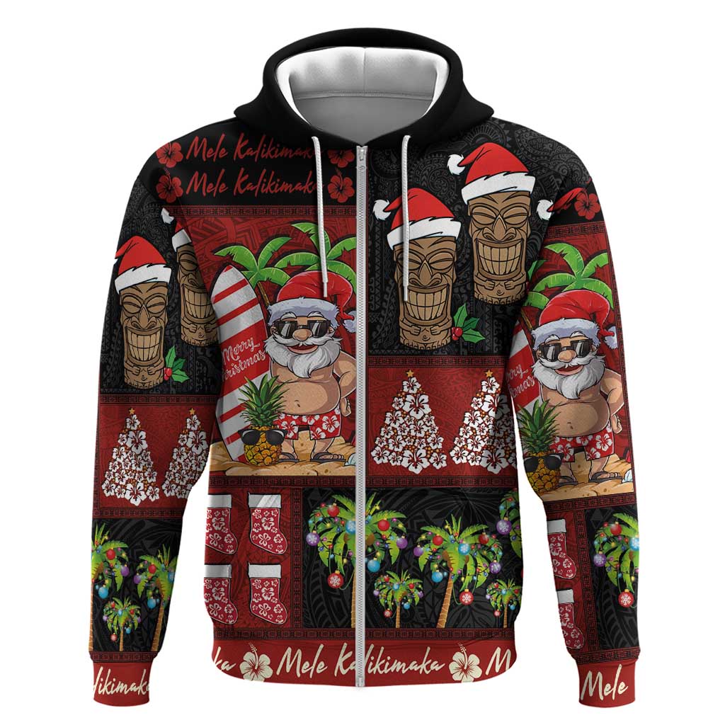 Hawaiian Christmas Zip Hoodie - Mele Kalikimaka Island Holiday Vibes - Black Red LT03 Zip Hoodie Black - Red - Polynesian Pride