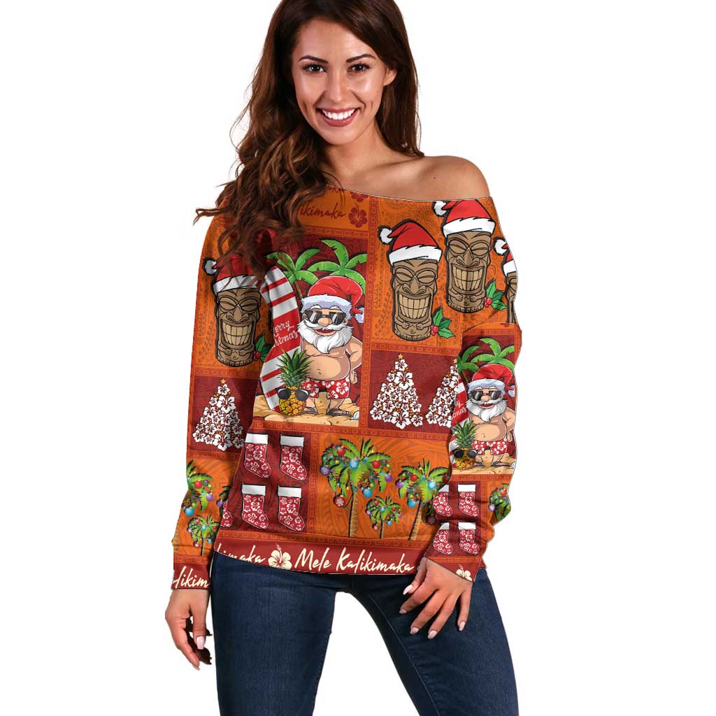 Hawaiian Christmas Off Shoulder Sweater - Mele Kalikimaka Island Holiday Vibes - Red Orange LT03 Women Red - Orange - Polynesian Pride