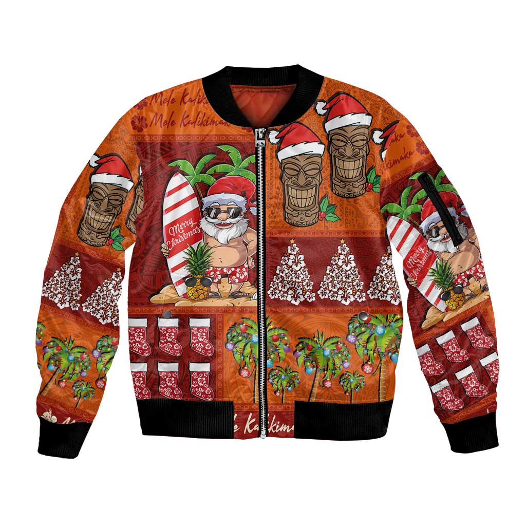 Hawaiian Christmas Sleeve Zip Bomber Jacket - Mele Kalikimaka Island Holiday Vibes - Red Orange LT03 Unisex Red - Orange - Polynesian Pride