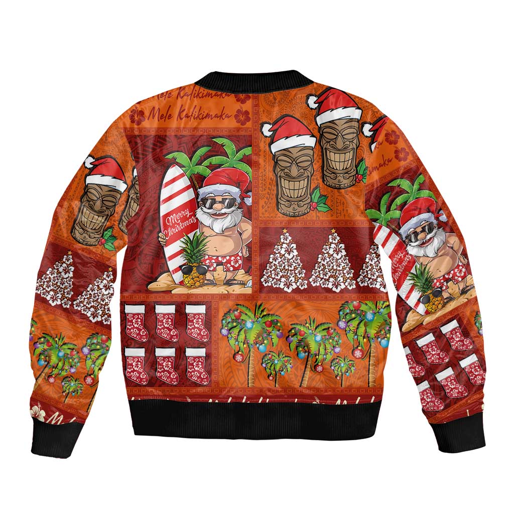 Hawaiian Christmas Sleeve Zip Bomber Jacket - Mele Kalikimaka Island Holiday Vibes - Red Orange LT03 - Polynesian Pride