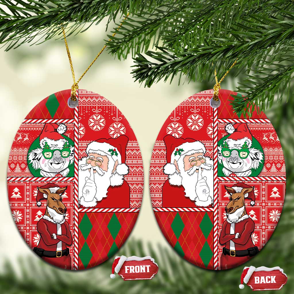 Australian Christmas Ceramic Ornament - Santa Koala Kangaroo and Holiday Cheer LT03 Oval Red - Polynesian Pride